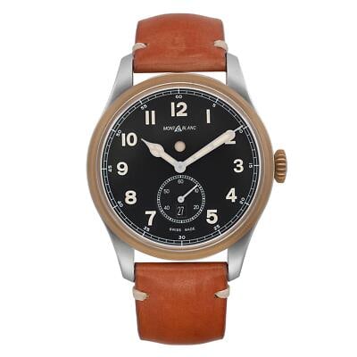Montblanc 1858 Automatic 44mm Steel Black Dial Brown Leather Strap: Montblanc 1858 Automatic 44mm Steel Black Dial Brown Leather Strap This Montblanc 1858 Dual Time men's watch features a 44mm stainless steel case and a black dial with Arabic numerals. The watch is po
