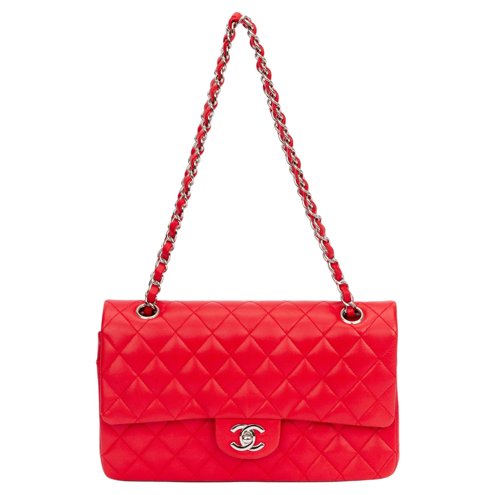 Chanel Bright Red Lambskin 10 Double Flap Bag with Silver Hardware: Chanel Bright Red Lambskin 10 Double Flap Bag with Silver Hardware This exquisite Chanel Bright Red 10 Double Flap Bag is a statement piece for any fashion enthusiast. Crafted from luxurious lambskin 