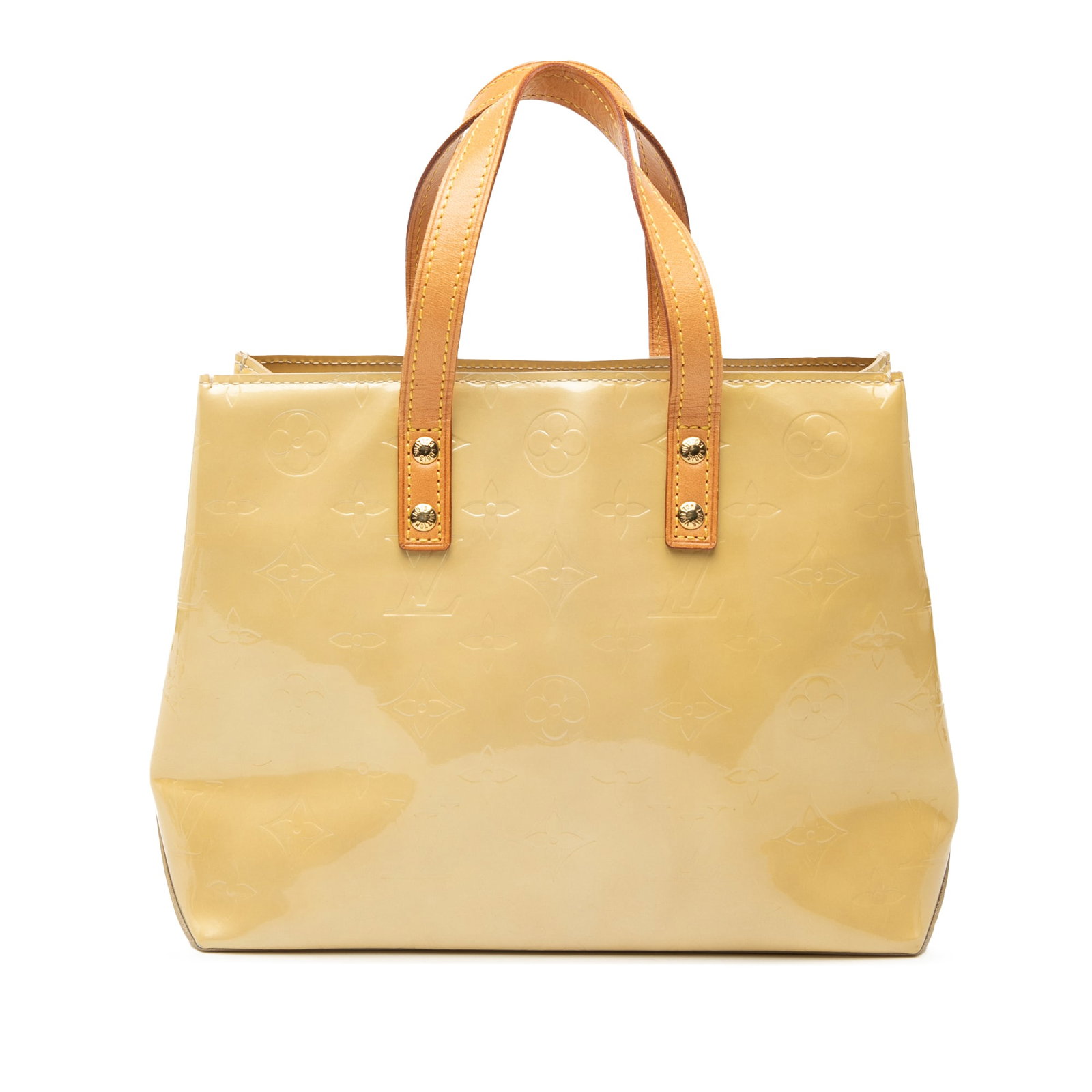 Louis Vuitton Reade PM Monogram Vernis Beige Leather Tote Bag: Louis Vuitton Reade PM Monogram Vernis Beige Leather Tote Bag This Louis Vuitton Monogram Vernis Reade PM features a monogram vernis leather body with flat vachetta leather handles, an open top, and a