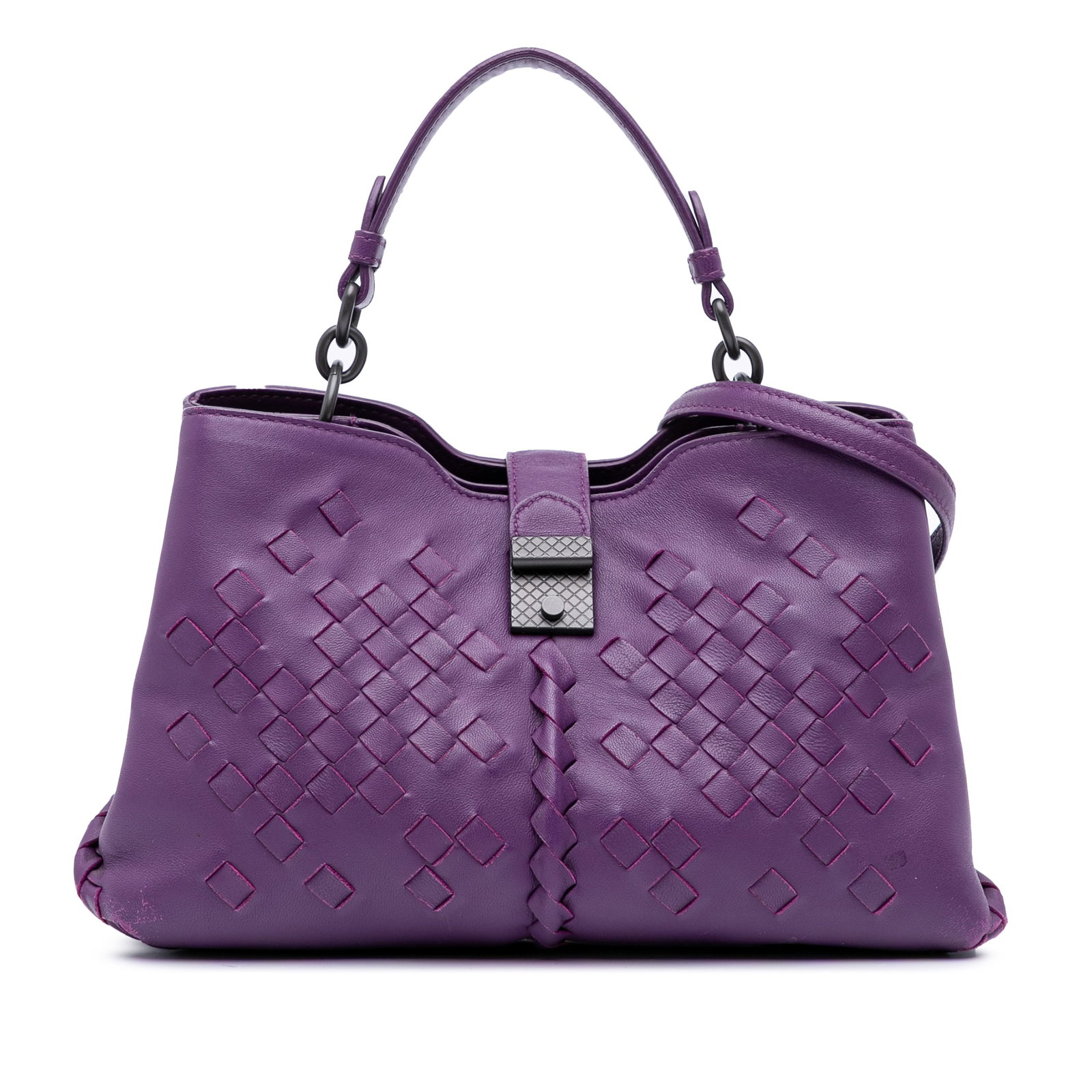 Bottega Veneta Purple Nappa Intrecciato Napoli Satchel Leather Bag: Bottega Veneta Purple Nappa Intrecciato Napoli Satchel Leather Bag Experience sophisticated elegance with the Bottega Veneta Nappa Intrecciato Napoli Satchel. Crafted from premium leather, this stylis