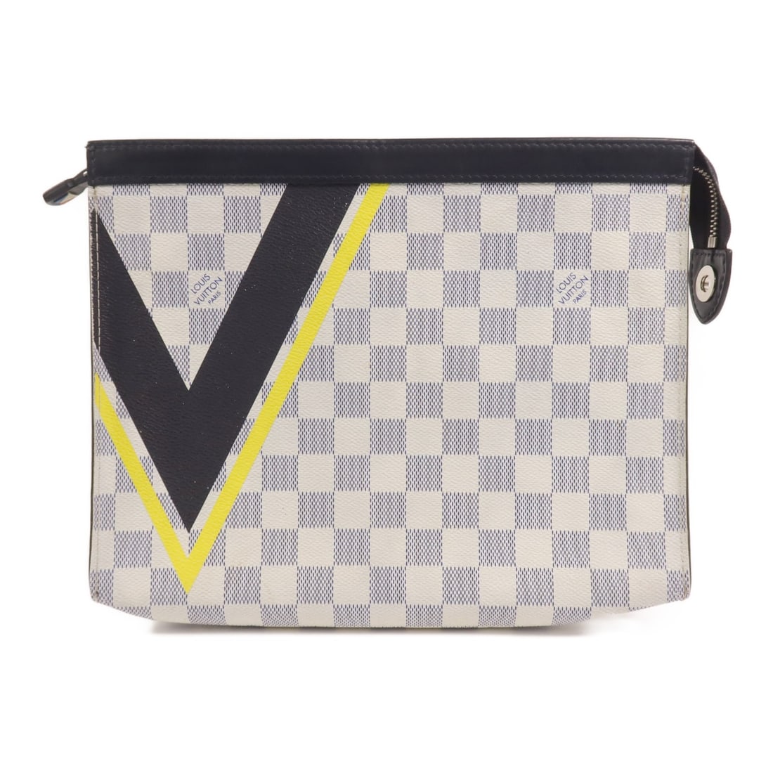 LOUIS VUITTON Pochette Voyage Clutch N60049 Damier Azur White Navy Yellow: LOUIS VUITTON Pochette Voyage Clutch N60049 Damier Azur White Navy Yellow This LOUIS VUITTON Pochette Voyage Clutch showcases a stylish Damier Azur pattern in a striking combination of white, navy, an