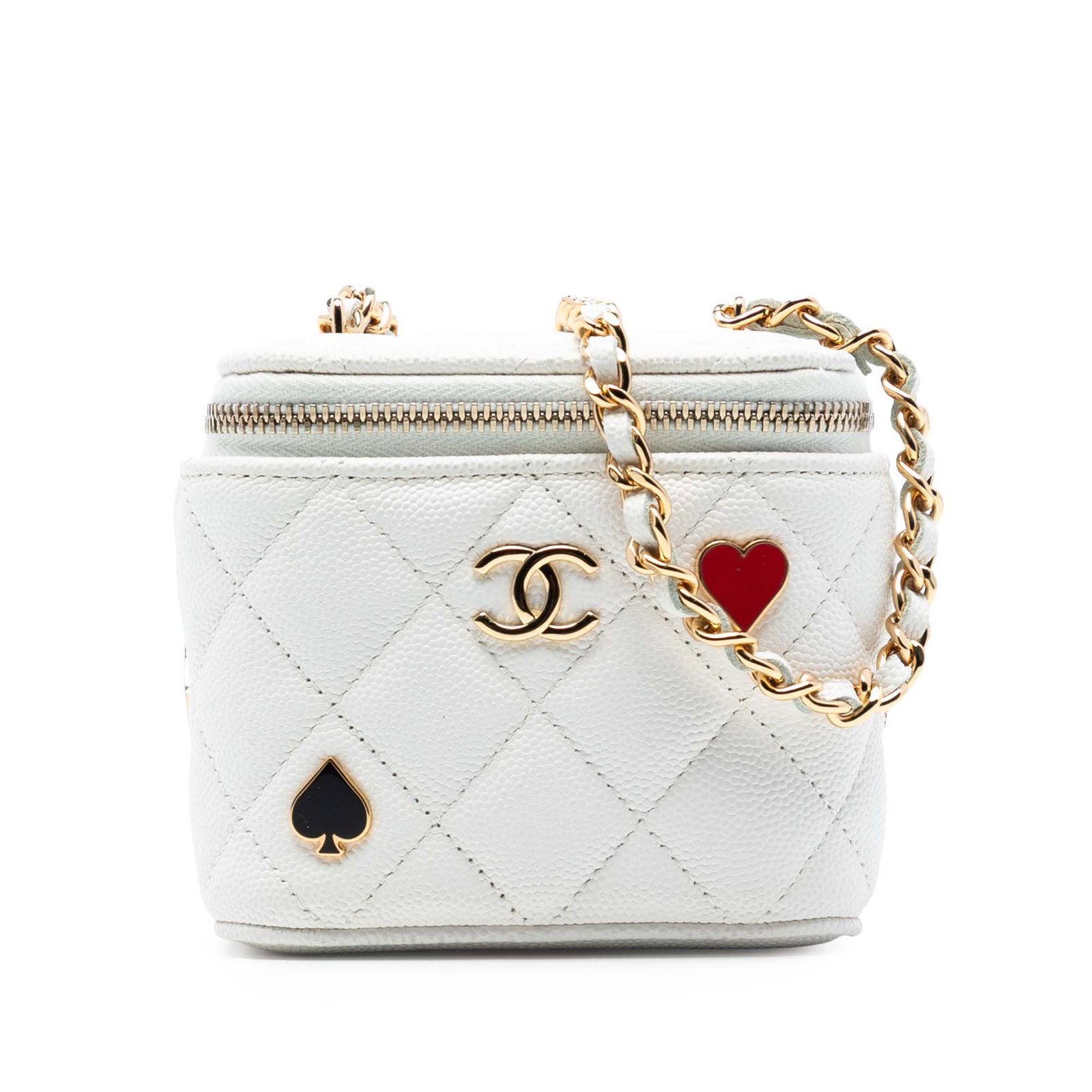 Chanel Mini Coco Casino White Caviar Leather Vanity Bag with Chain Strap: Chanel Mini Coco Casino White Caviar Leather Vanity Bag with Chain Strap This Chanel Mini Caviar Coco Casino Vanity Case features a quilted caviar leather exterior in white, complemented by a leather-