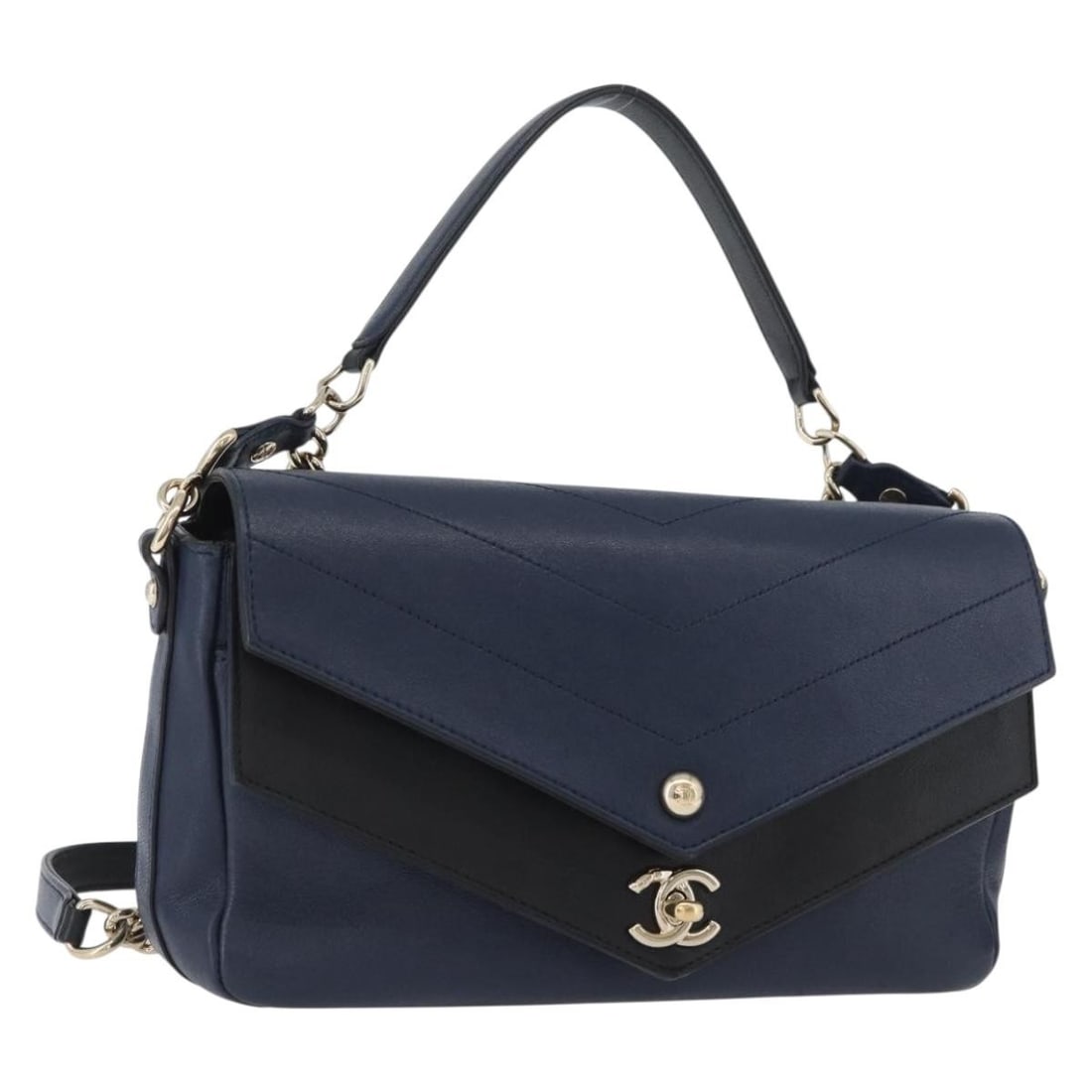 CHANEL V Stitch Navy and Gold Leather Shoulder Bag with Chain and CC Logo: CHANEL V Stitch Navy and Gold Leather Shoulder Bag with Chain and CC Logo This CHANEL V Stitch Chain Shoulder Bag features a sophisticated design crafted from leather in gold and navy tones. Designed 
