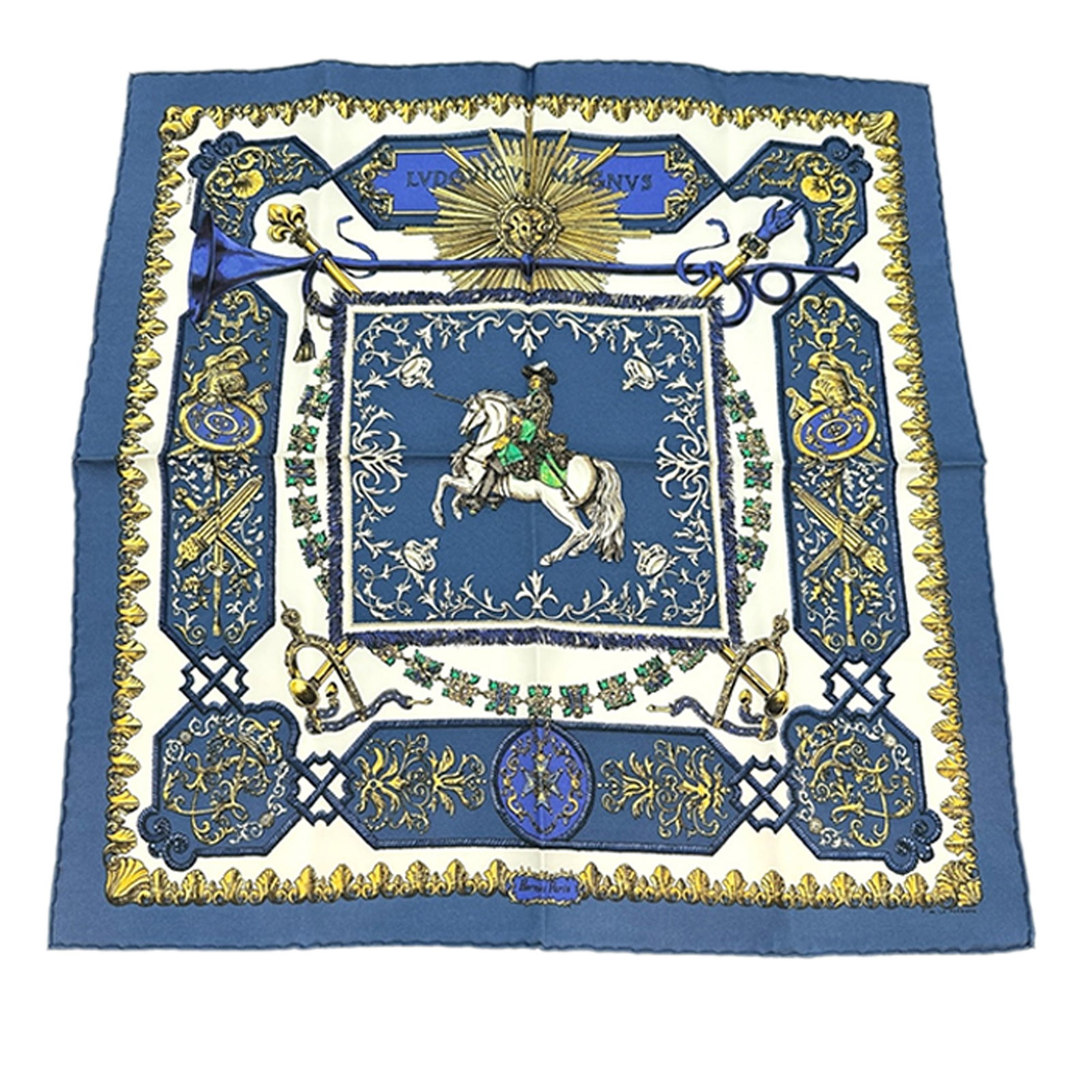 Hermes white silk Ludovicus Magnus print handkerchief France 42cm: Hermes white silk Ludovicus Magnus print handkerchief France 42cm This Hermes handkerchief showcases the Ludovicus Magnus print on pure silk in a white color. Made in France, it is a refined accessory
