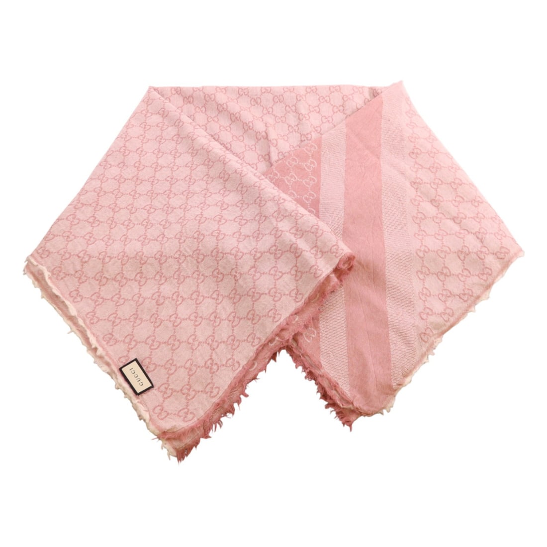 Pink Wool Silk GG Pattern 140x140 Scarf by Gucci Italy: Pink Wool Silk GG Pattern 140x140 Scarf by Gucci Italy This GUCCI scarf features a luxurious blend of wool and silk in a pink hue. Crafted in Italy, it is designed for regular size wear and showcases 
