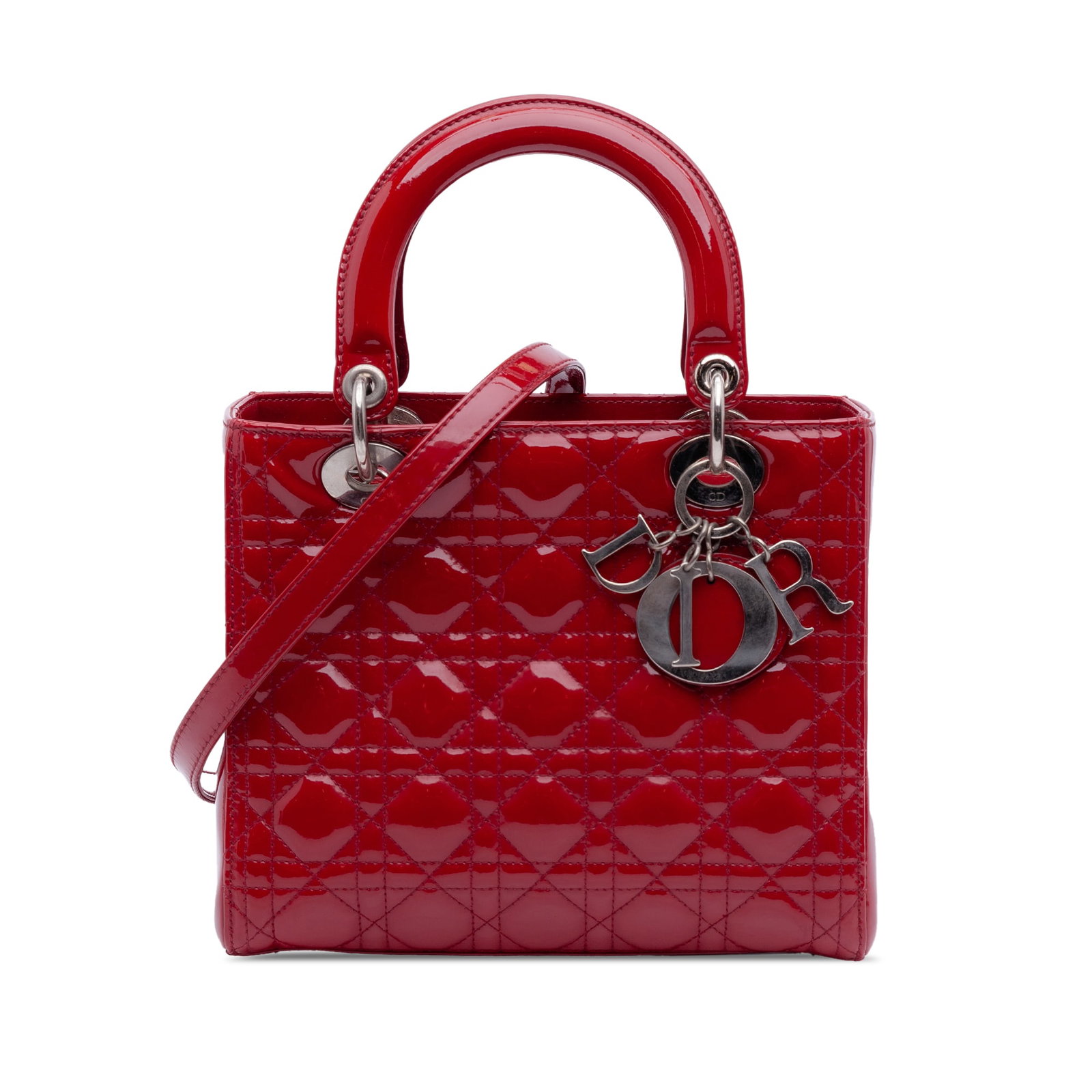 Dior Lady Dior Medium Red Patent Leather Cannage Handbag with Strap: Dior Lady Dior Medium Red Patent Leather Cannage Handbag with Strap This Lady Dior handbag features a red patent leather body with Cannage stitching, flat leather top handles, a detachable flat leathe