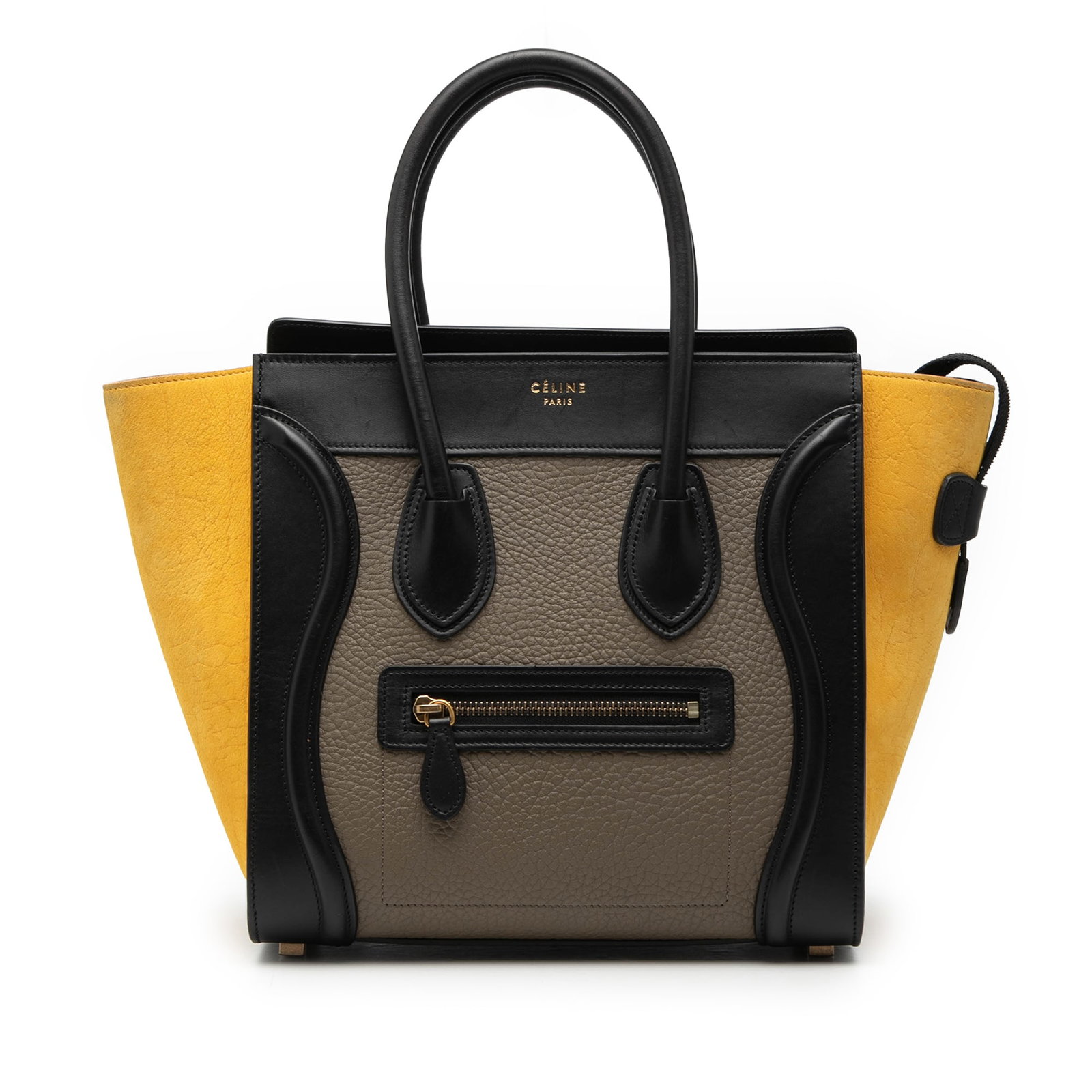 Celine Micro Luggage Tote in Tricolor Leather: Celine Micro Luggage Tote in Tricolor Leather This Celine Micro Tricolor Leather Luggage Tote features a leather body with rolled leather handles, a top zip closure, an exterior front zip pocket, and 