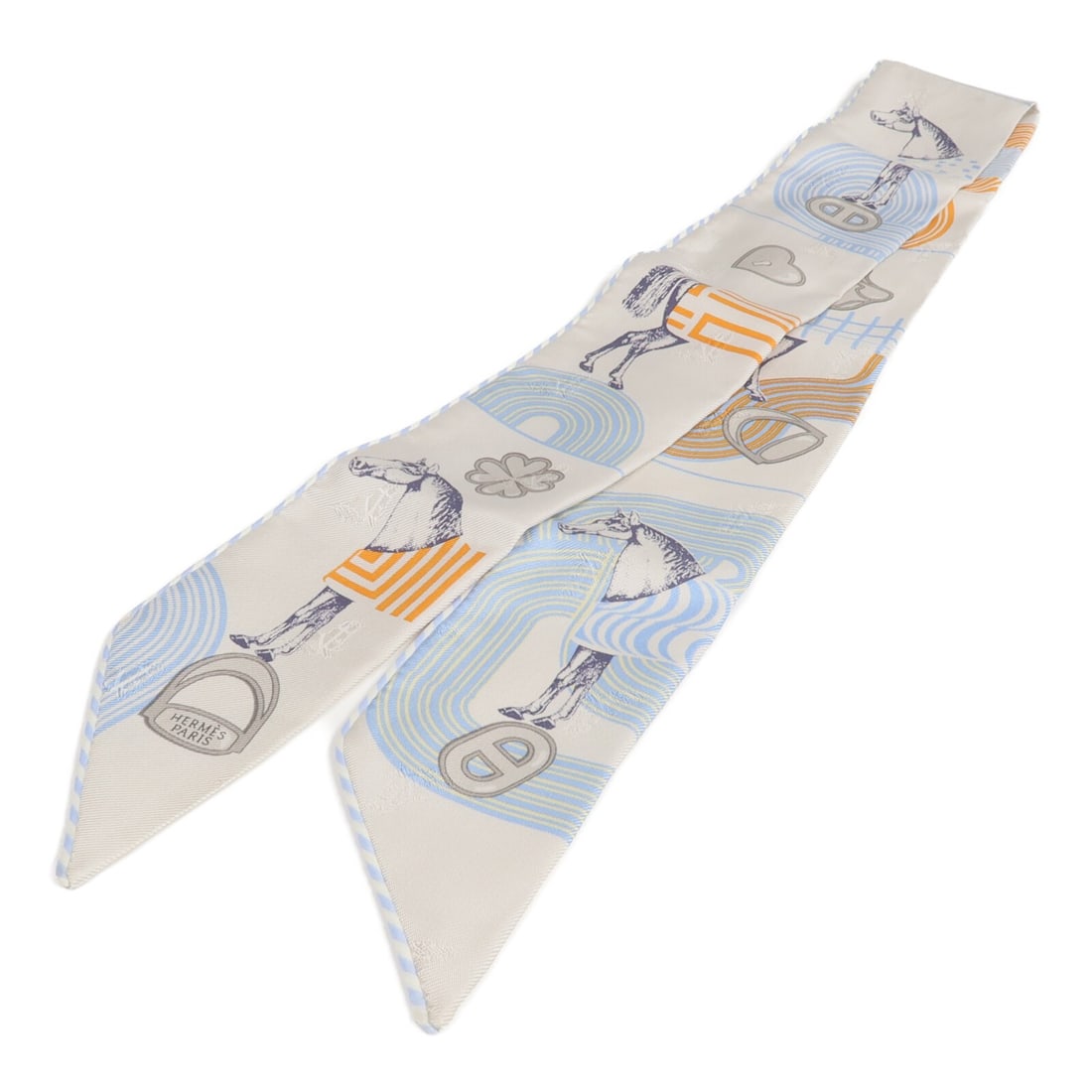 Hermes silk Twilly neck scarf gray blue orange: Hermes silk Twilly neck scarf gray blue orange This Hermes Twilly scarf is crafted from silk and features a sophisticated combination of gray, blue, and orange hues. Designed for women, it offers a ve