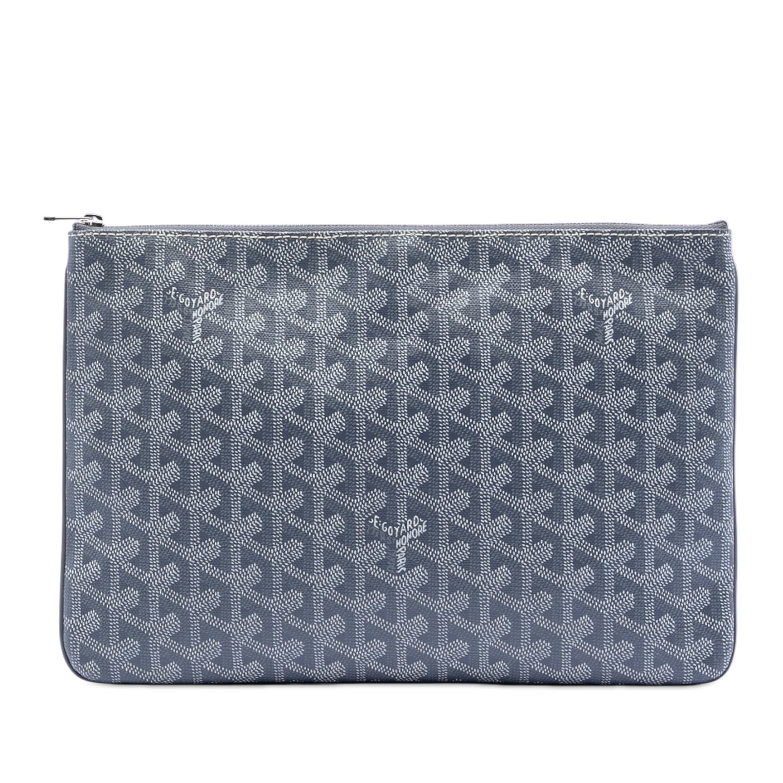 Goyard Gray Coated Canvas Senat MM Pouch with Zip Closure: Goyard Gray Coated Canvas Senat MM Pouch with Zip Closure The Goyardine Senat MM features a coated canvas body in gray with a top zip closure. This versatile pouch is crafted in France and is designed