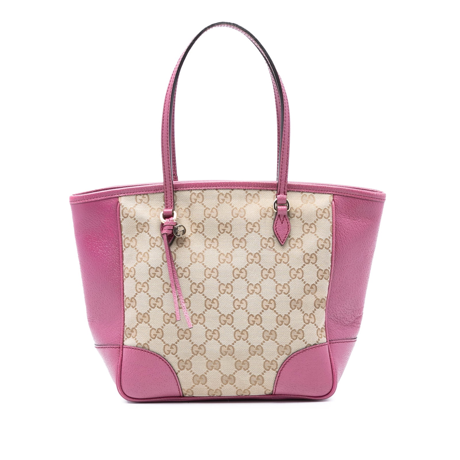 Gucci Bree Tote Bag in GG Canvas with Leather Trim: Gucci Bree Tote Bag in GG Canvas with Leather Trim The Gucci GG Canvas Bree Tote showcases a beige canvas body accented with leather trim and flat leather handles. It features a top zip closure and of