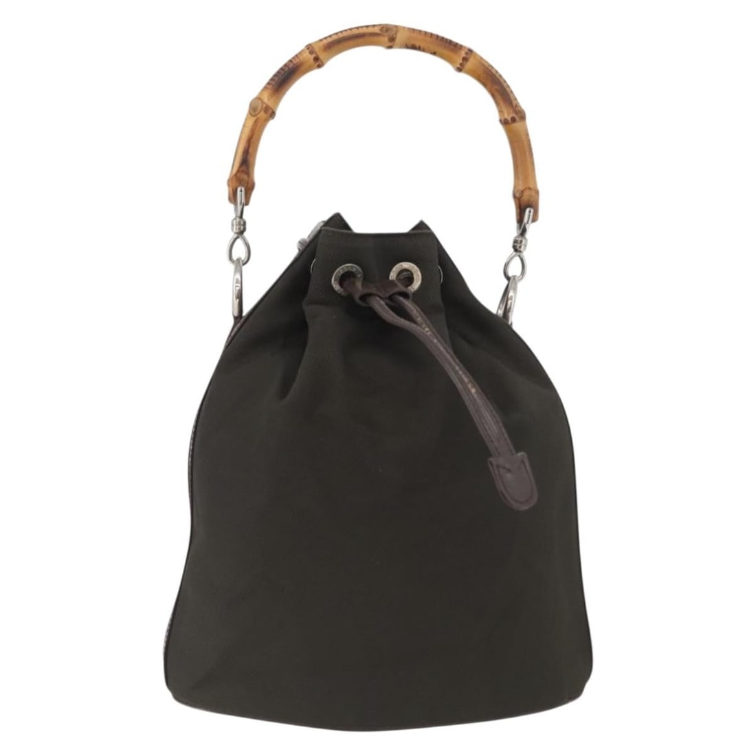 Gucci Bamboo Bucket Handbag Nylon and Leather Khaki Italy: Gucci Bamboo Bucket Handbag Nylon and Leather Khaki Italy This Gucci Vintage Bamboo Bucket Bag features a khaki nylon exterior with leather accents and the iconic bamboo handle. The bag is designed fo