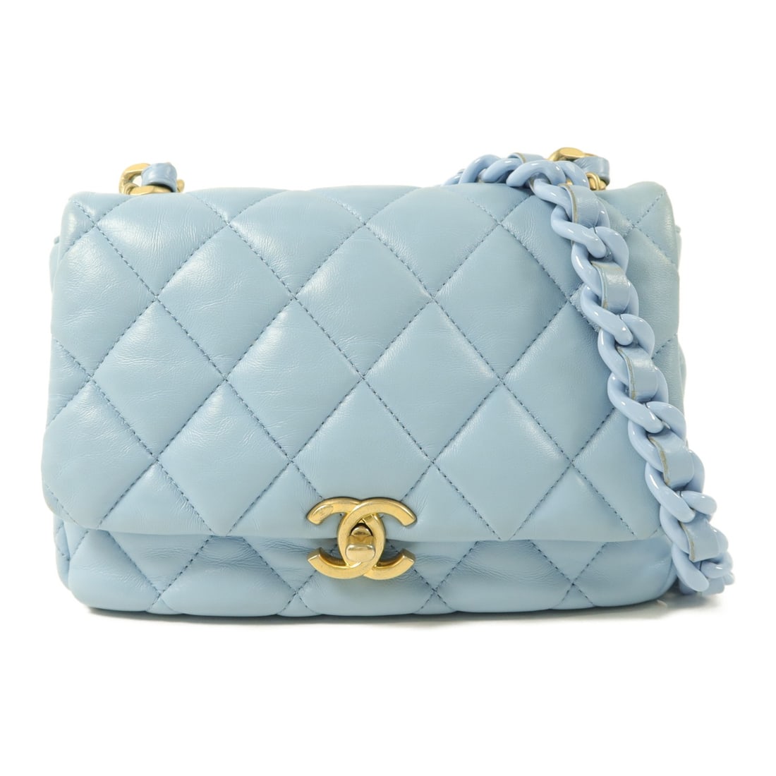 CHANEL Blue Lambskin Flap Shoulder Bag GHW CC: CHANEL Blue Lambskin Flap Shoulder Bag GHW CC This CHANEL shoulder bag features luxurious blue lambskin leather with a lacquered chain and CC detail, complemented by gold-tone hardware. Designed for w