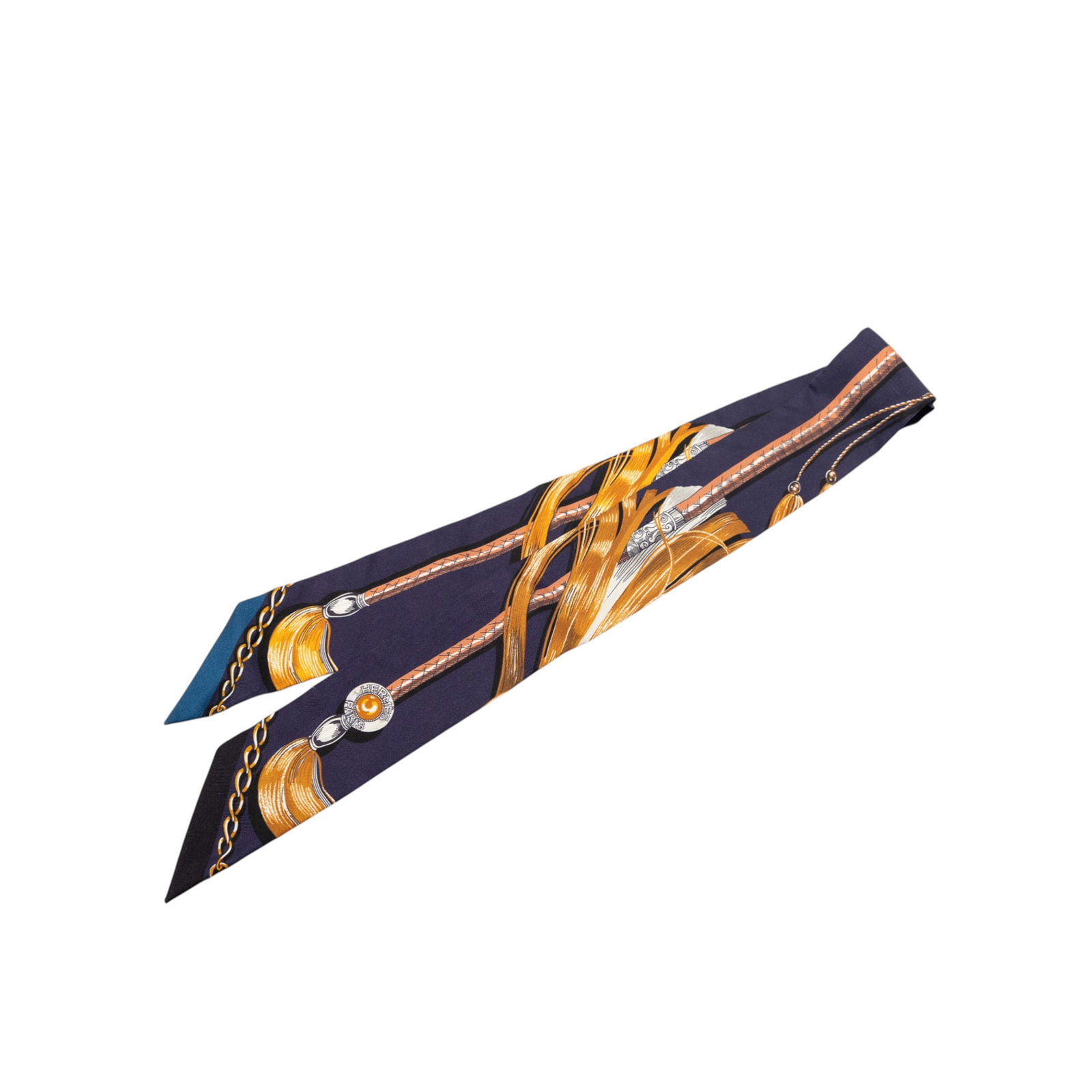 Blue Cavalcades Print Silk Twilly Scarf by Hermes: Blue Cavalcades Print Silk Twilly Scarf by Hermes This Hermes Cavalcades Twilly scarf features the iconic Cavalcades print in blue on 100% silk. Crafted in France, this accessory adds a touch of elega