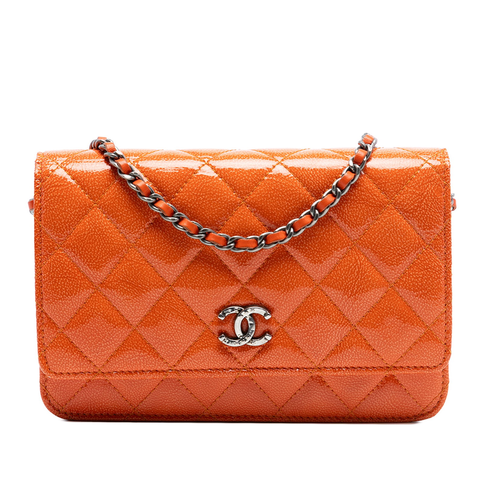 Orange Quilted Patent Goatskin Chanel Paris Dallas Wallet on Chain Bag: Orange Quilted Patent Goatskin Chanel Paris Dallas Wallet on Chain Bag This Chanel Paris Dallas CC Wallet on Chain features a quilted patent goatskin leather body in orange, a leather-woven chain stra