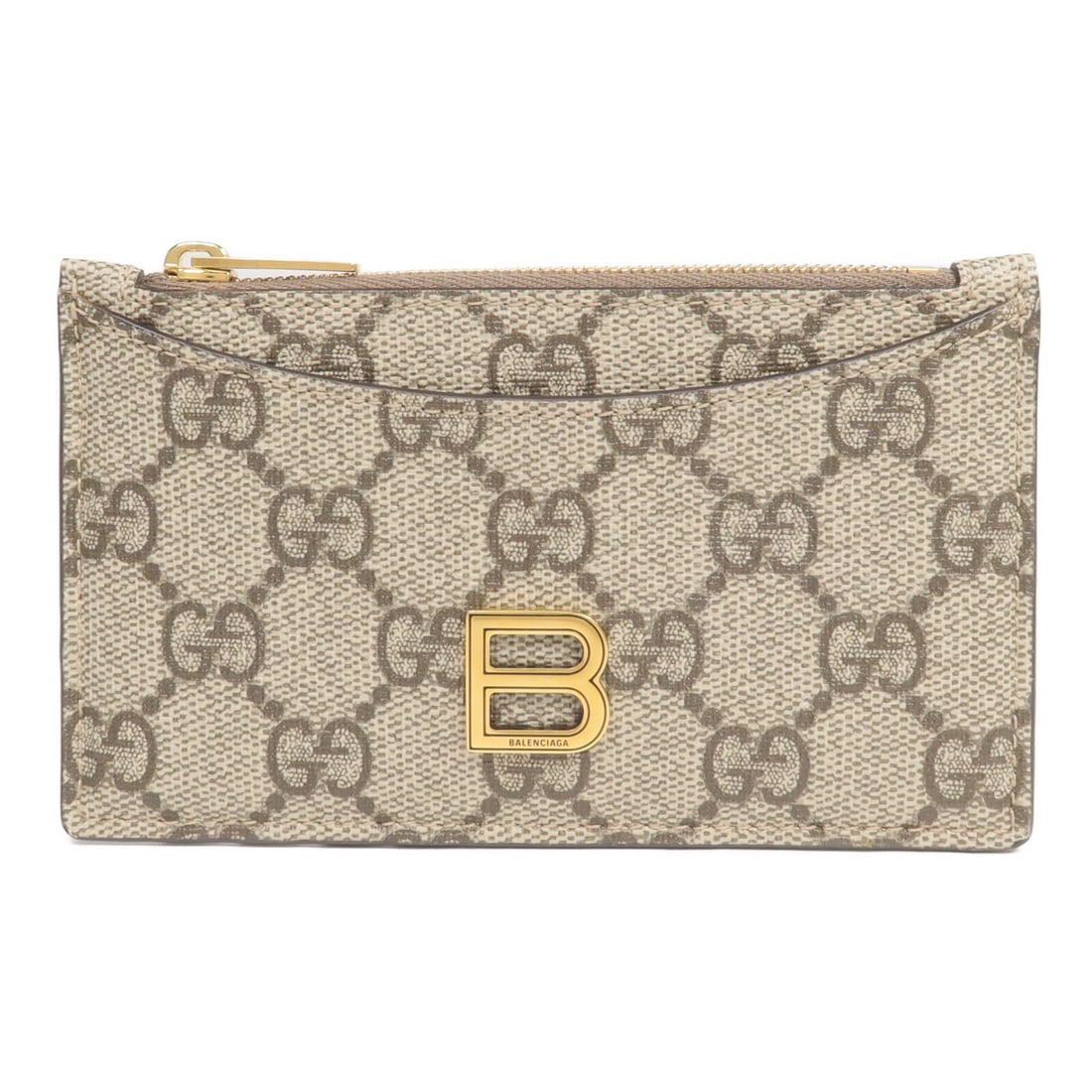 Gucci x Balenciaga Brown Coated Canvas Card Case with Gold Hardware: Gucci x Balenciaga Brown Coated Canvas Card Case with Gold Hardware This Gucci x Balenciaga card case is crafted from brown PVC coated canvas and features gold tone hardware. Designed for unisex use, 