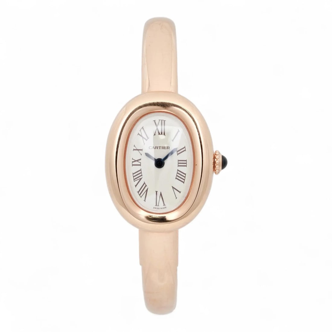 Cartier Baignoire Mini 18k Rose Gold Quartz Silver Dial Women's Wristwatch WGBA0019: Cartier Baignoire Mini 18k Rose Gold Quartz Silver Dial Women's Wristwatch WGBA0019 This Cartier Baignoire Mini ladies' wristwatch features an 18k rose gold case and bangle bracelet, complemented by a