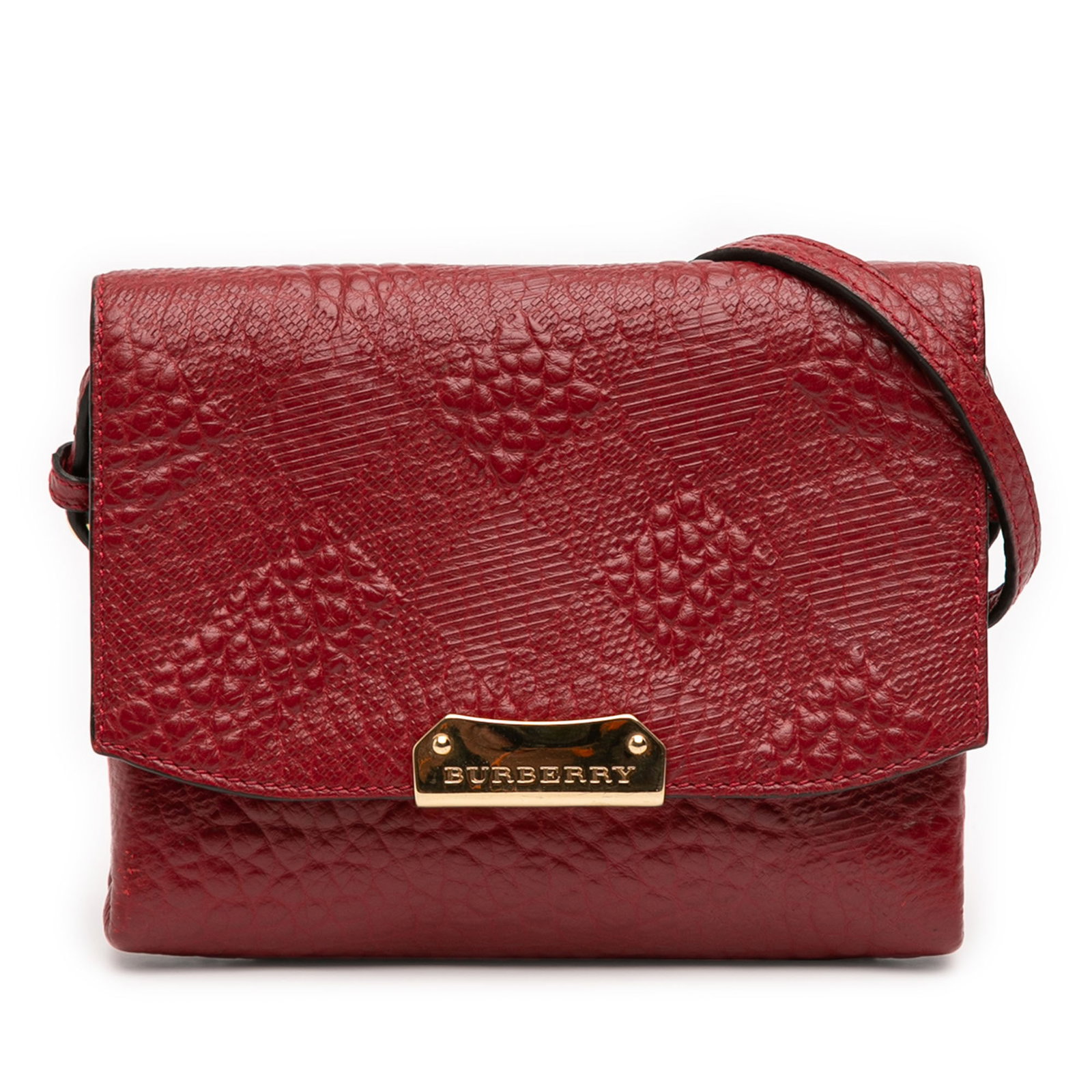 Red Langley Crossbody Bag in Embossed Grain Check Leather by Burberry: Red Langley Crossbody Bag in Embossed Grain Check Leather by Burberry This Burberry Langley crossbody bag is crafted from embossed grain check leather in red. It features a flat leather strap, a front
