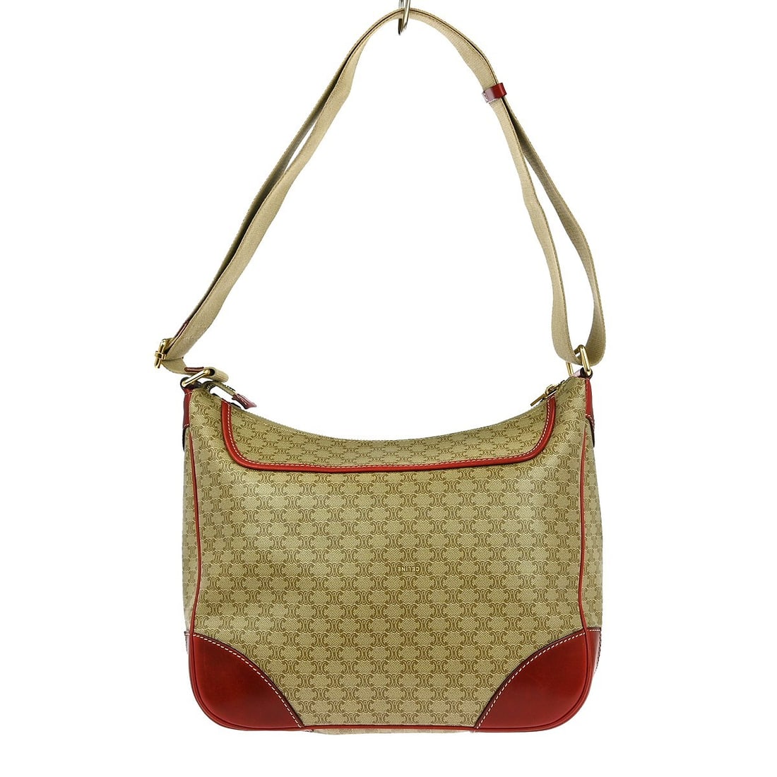 Celine Macadam Beige PVC Medium Shoulder Bag CE00/12: Celine Macadam Beige PVC Medium Shoulder Bag CE00/12 This Celine Macadam shoulder bag features a beige PVC exterior with leather accents and a logo detail. Designed in a medium size, it is equipped wi