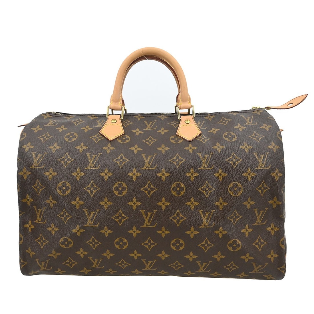 Louis Vuitton Speedy 40 Monogram Canvas Large Brown Duffle Handbag M41522: Louis Vuitton Speedy 40 Monogram Canvas Large Brown Duffle Handbag M41522 This Louis Vuitton Speedy 40 duffle handbag features the iconic monogram canvas with leather trim. The large-sized bag is desi