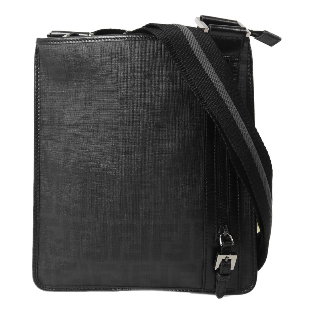 FENDI Black PVC Coated Canvas Messenger Shoulder Bag 7VA204 Bow: FENDI Black PVC Coated Canvas Messenger Shoulder Bag 7VA204 Bow This FENDI messenger bag is crafted from durable PVC coated canvas in black, offering a sleek and versatile design. Designed for unisex 
