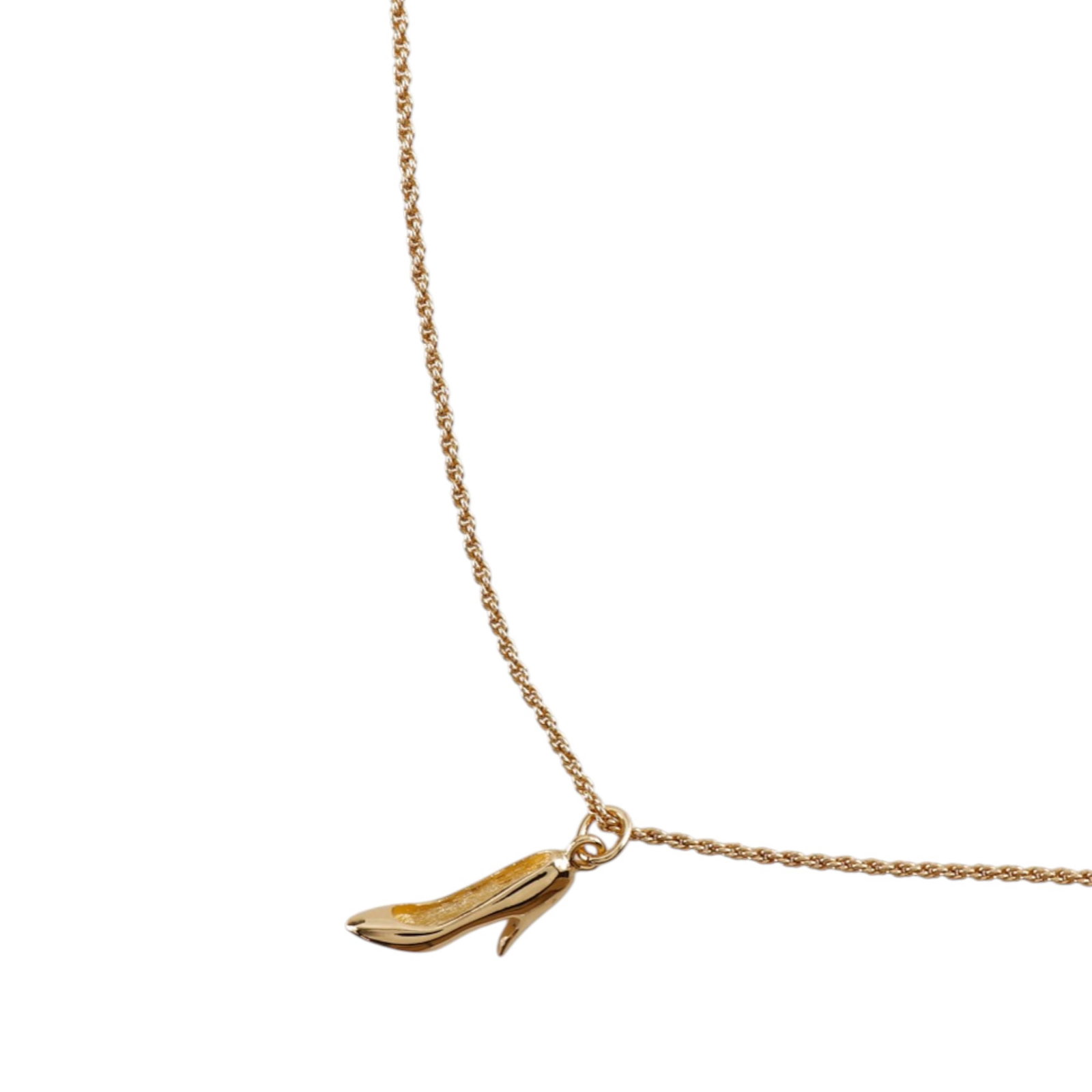 Dior Necklace with Gold Plated High Heel Shoe Pendant: Dior Necklace with Gold Plated High Heel Shoe Pendant This necklace features a gold plated metal chain with a pump heel pendant and a lobster clasp closure. The motif measures approximately 0.60 cm in