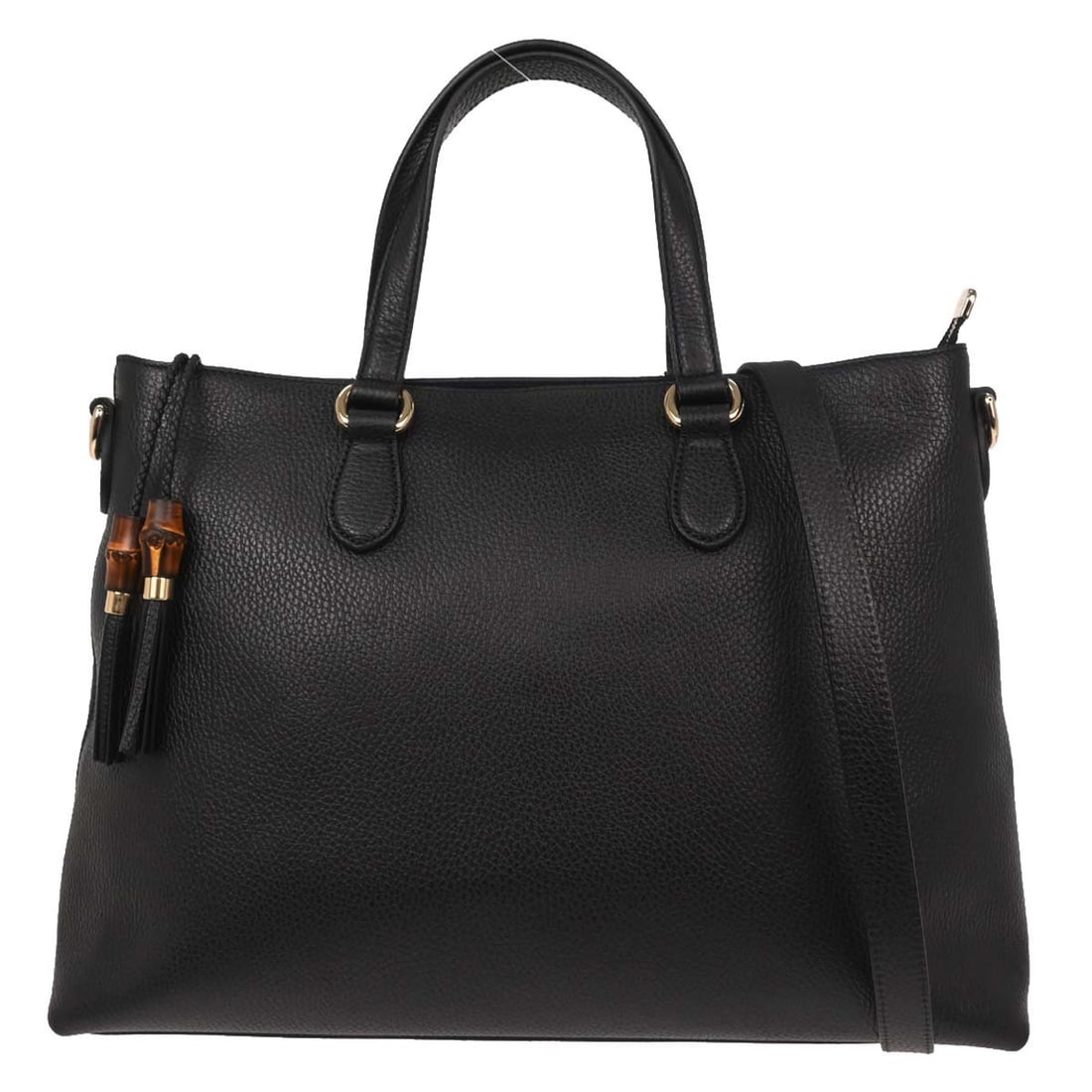 Gucci Bamboo Tassel Large Black Leather Tote Shoulder Bag 2way: Gucci Bamboo Tassel Large Black Leather Tote Shoulder Bag 2way This Gucci tote features black leather construction with bamboo handles and tassel accents. The bag offers a spacious large size and can 