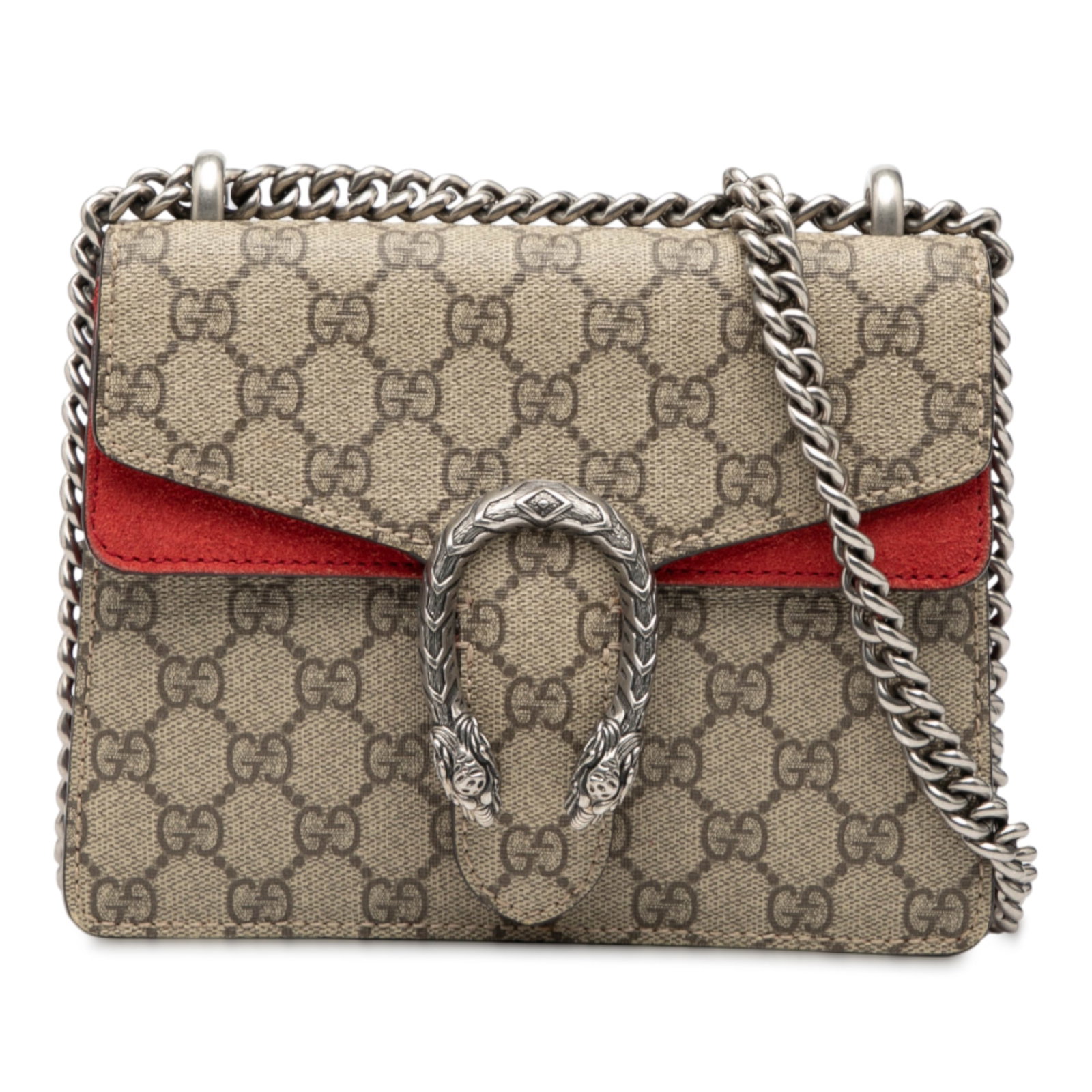 Gucci Dionysus Small GG Supreme Canvas Crossbody with Suede Trim: Gucci Dionysus Small GG Supreme Canvas Crossbody with Suede Trim This Gucci Small GG Supreme Dionysus crossbody bag features a coated canvas body with suede leather trim, a silver-tone chain strap, an