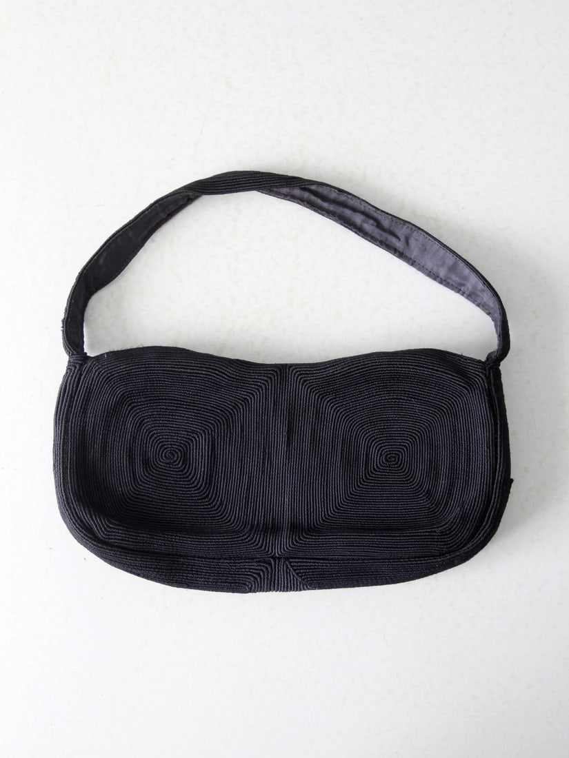 1940s Vintage Corde Evening Handbag Navy Rayon: 1940s Vintage Corde Evening Handbag Navy Rayon This elegant 1940s vintage Corde style evening bag showcases a timeless design with a classic corded pattern in rich navy rayon. It features a secure zip