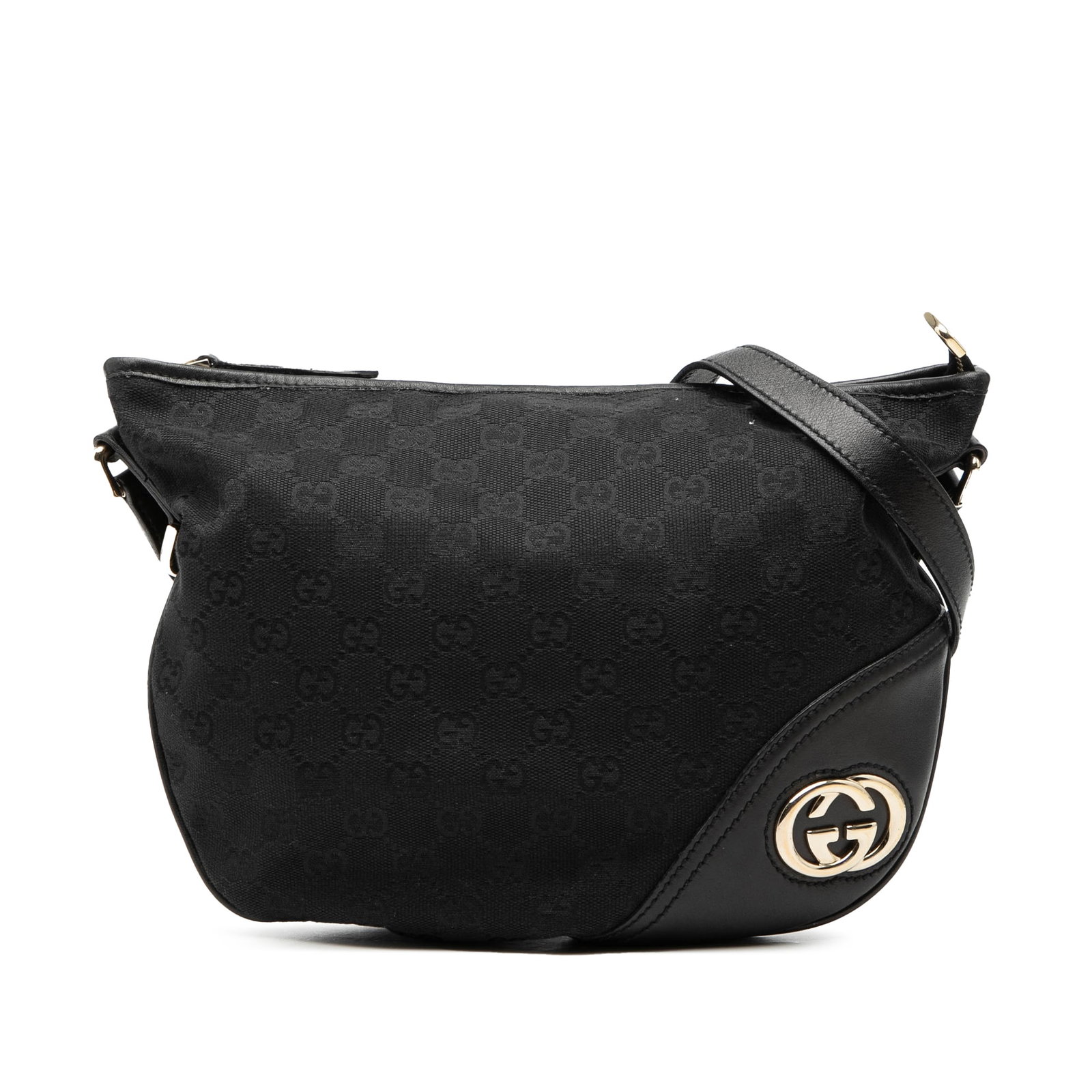 Gucci New Britt Medium GG Canvas Leather Trim Half Moon Crossbody Bag: Gucci New Britt Medium GG Canvas Leather Trim Half Moon Crossbody Bag This Gucci Medium GG Canvas New Britt Half Moon Crossbody bag features a canvas body with leather trim, an adjustable flat leather