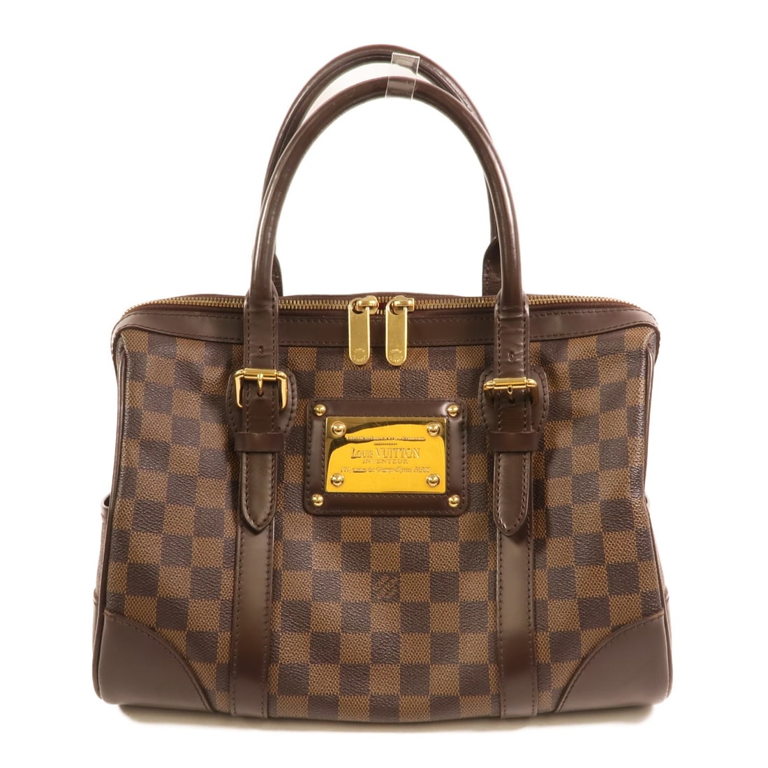 Louis Vuitton Berkeley Brown Damier Canvas Handbag with Gold Hardware: Louis Vuitton Berkeley Brown Damier Canvas Handbag with Gold Hardware This Louis Vuitton Berkeley handbag features the iconic Damier pattern in brown and is crafted from durable PVC coated canvas. Des