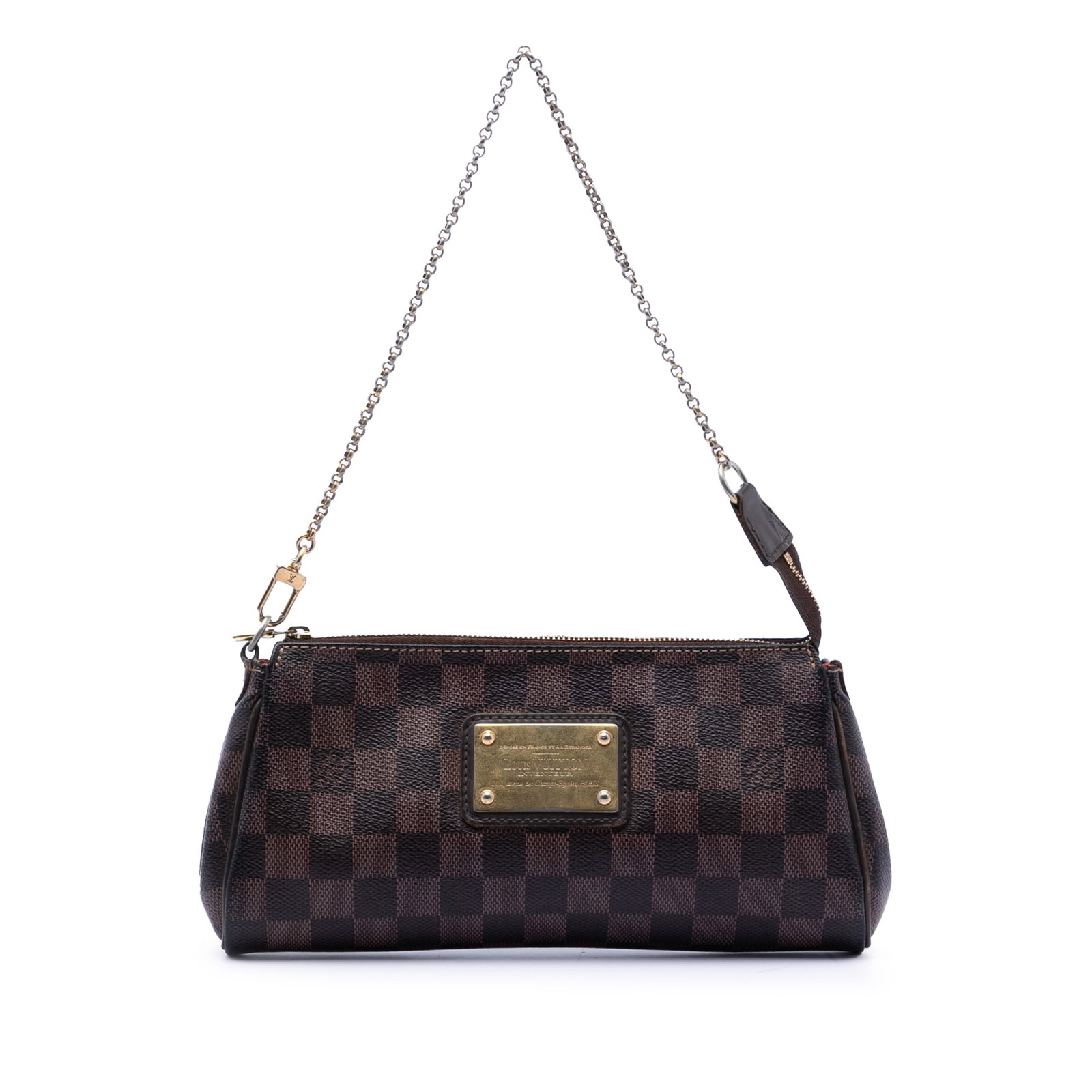 Louis Vuitton Eva Handbag Damier Ebene Canvas with Gold Chain Strap: Louis Vuitton Eva Handbag Damier Ebene Canvas with Gold Chain Strap This Louis Vuitton Damier Ebene Eva bag features the signature Damier canvas body, a gold-tone chain strap, and a top zip closure. T
