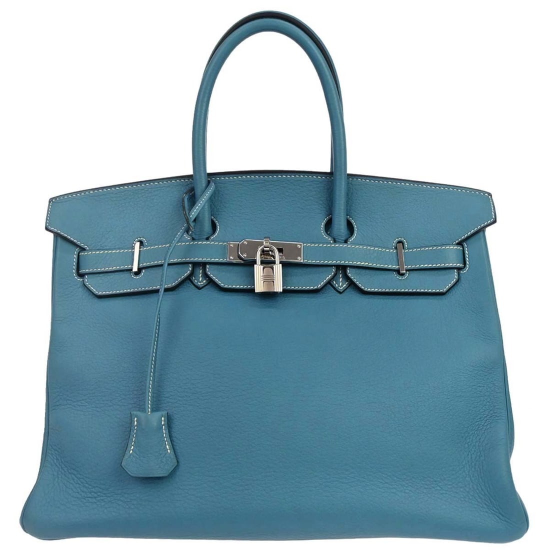 Hermes Birkin 35 Blue Jean Taurillon Clemence Leather Satchel Handbag: Hermes Birkin 35 Blue Jean Taurillon Clemence Leather Satchel Handbag This Hermes Birkin 35 handbag features a Blue Jean Taurillon Clemence leather exterior with a medium-sized silhouette. It includes