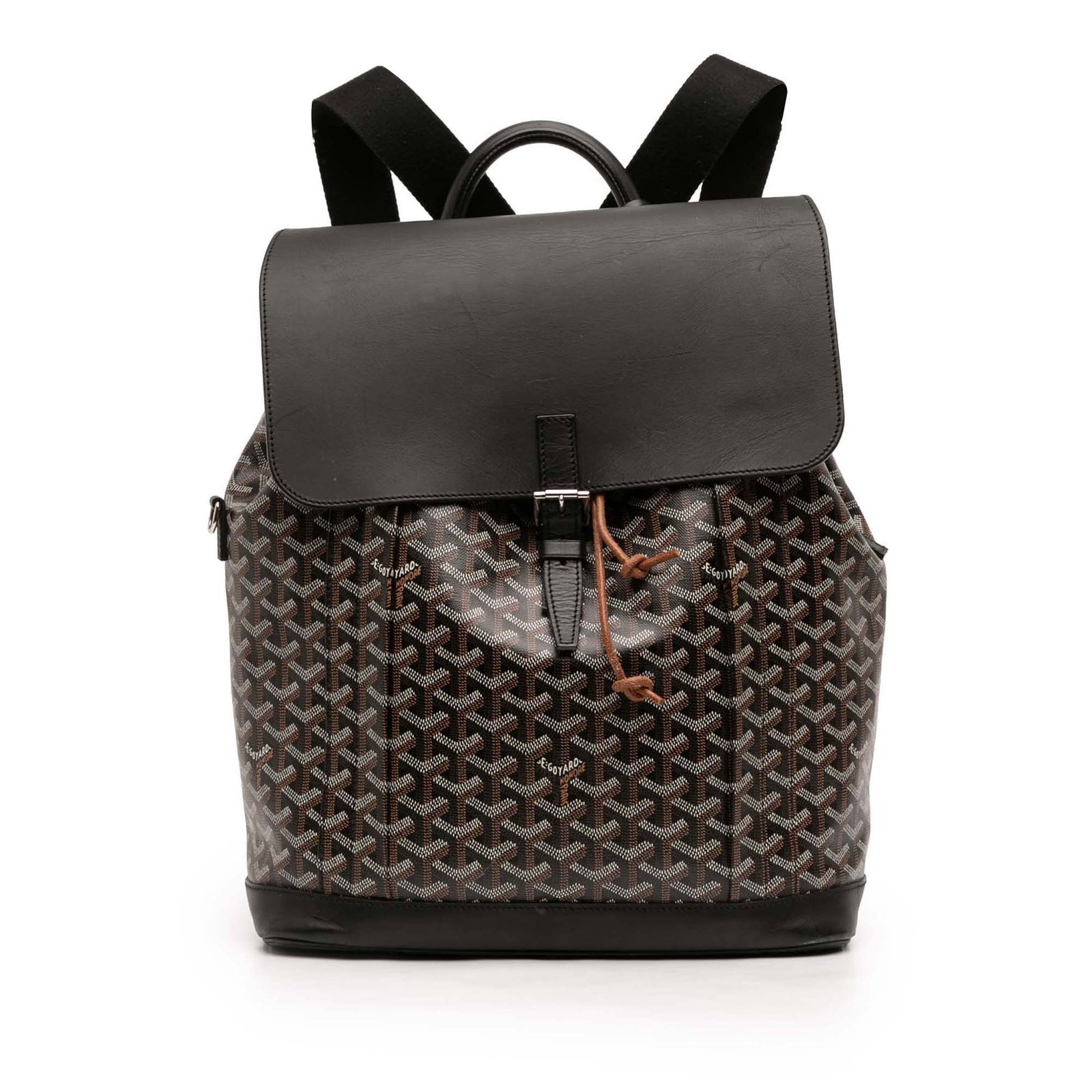 Goyard Goyardine Alpin MM Black Canvas Leather Trimmed Backpack: Goyard Goyardine Alpin MM Black Canvas Leather Trimmed Backpack The Goyardine Alpin Backpack MM is crafted from coated canvas with leather trim and features a rolled leather top handle and adjustable,
