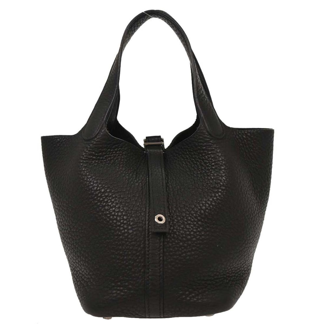 Black Leather Hermes Picotin Lock Handbag 14cm by 20cm by 18cm: Black Leather Hermes Picotin Lock Handbag 14cm by 20cm by 18cm Hermes Picotin Lock Bag crafted in black Clemence leather, designed for women. This compact handbag features a simple, elegant silhouette