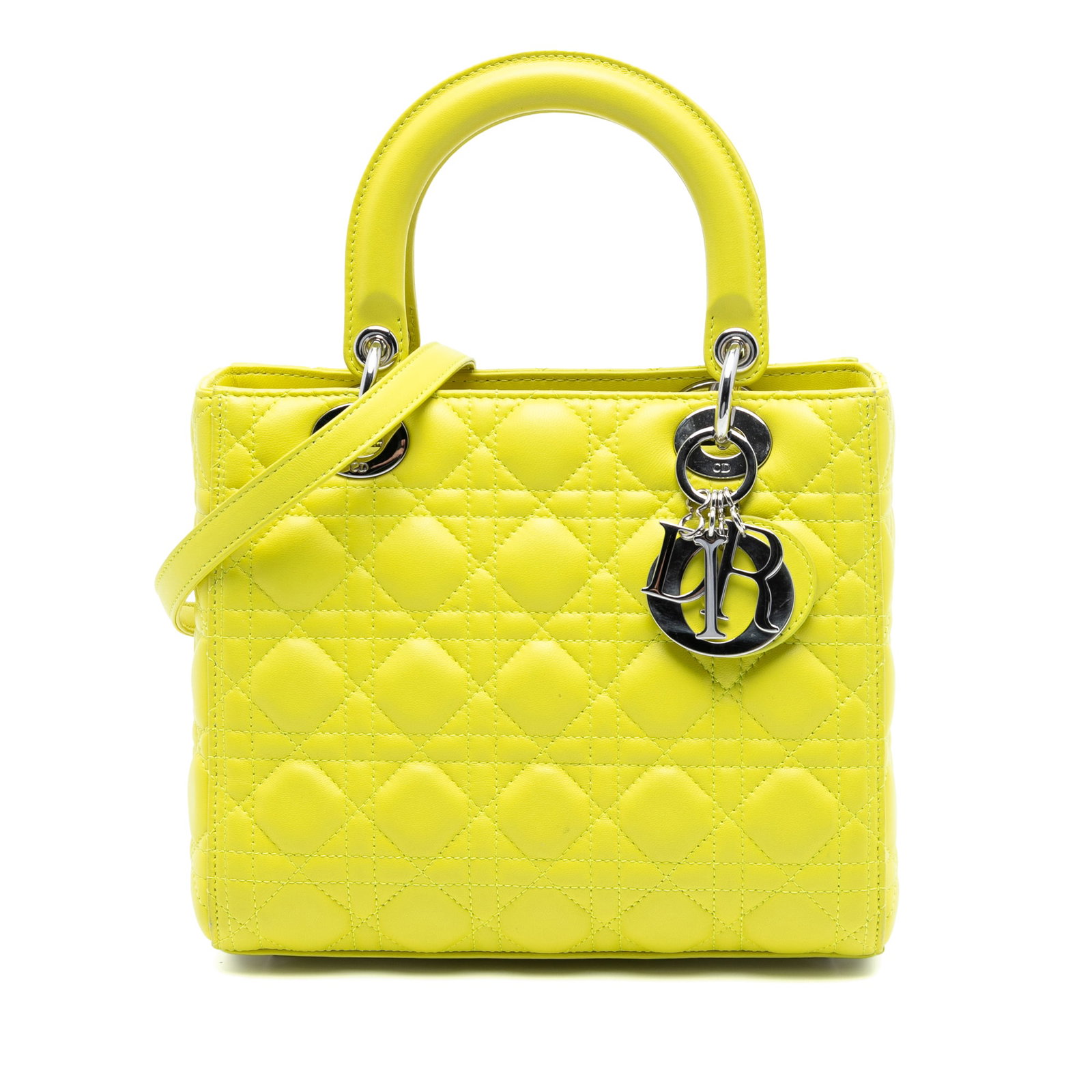 Dior Lady Dior Yellow Quilted Lambskin Medium Cannage Bag with Strap: Dior Lady Dior Yellow Quilted Lambskin Medium Cannage Bag with Strap This Lady Dior handbag features a quilted lambskin leather body in yellow, flat leather top handles, a detachable flat leather stra