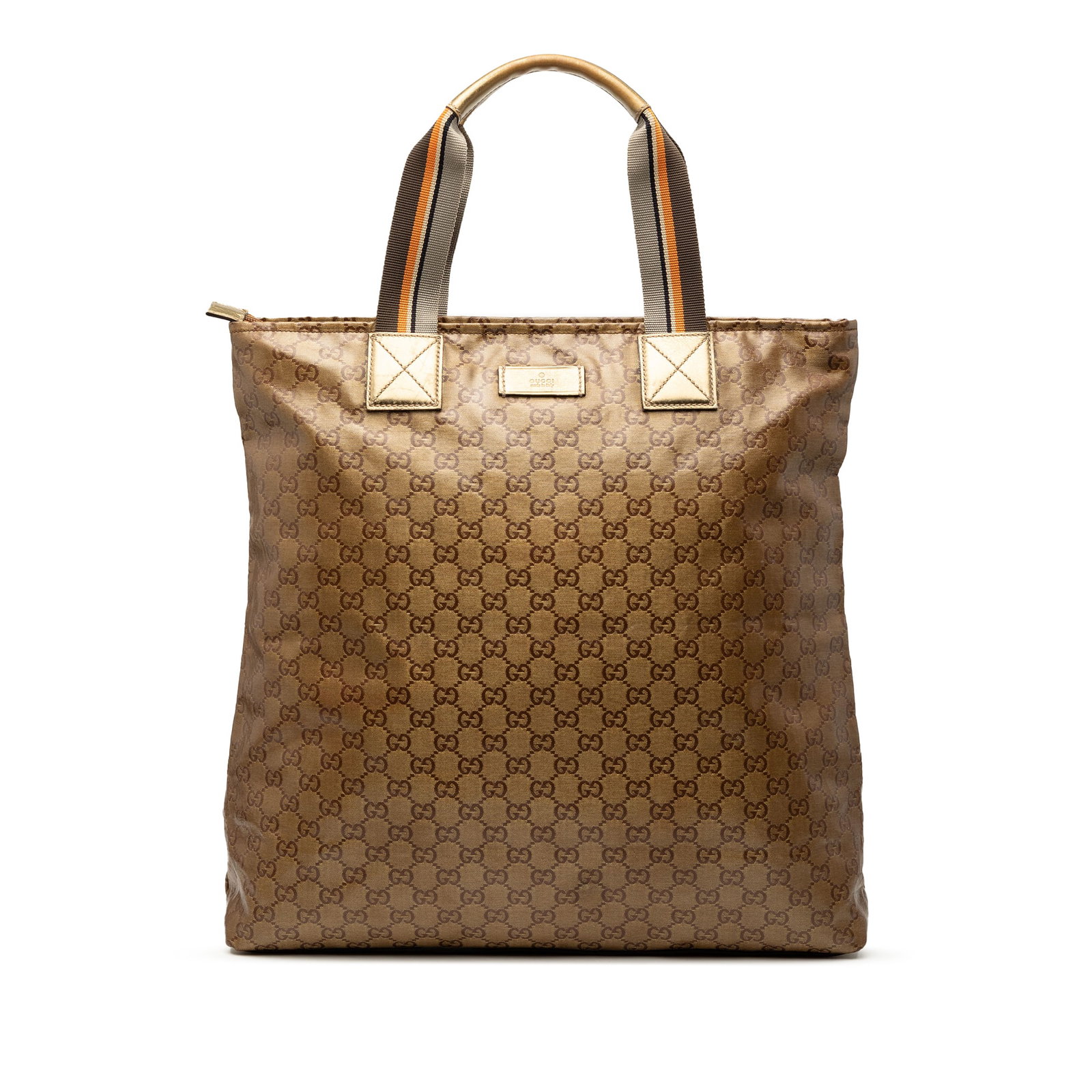 Gucci GG Crystal Coated Canvas Tote Bag with Leather Trim: Gucci GG Crystal Coated Canvas Tote Bag with Leather Trim This Gucci GG Crystal Vertical Web Tote features a coated canvas body with leather trim and flat leather handles. The bag is equipped with a t