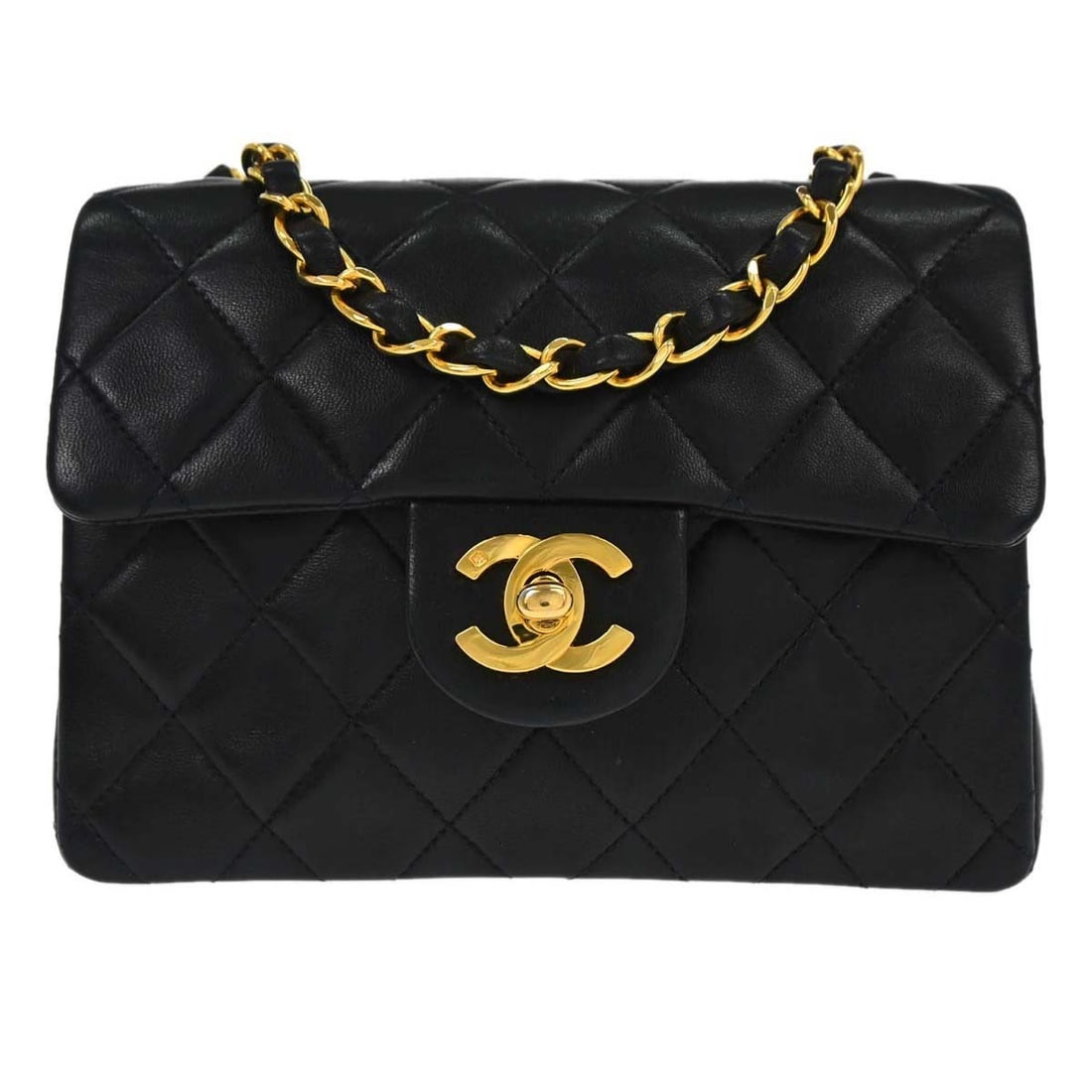 CHANEL Classic Flap Black Lambskin Mini Square Shoulder Bag: CHANEL Classic Flap Black Lambskin Mini Square Shoulder Bag This Chanel Mini Classic Square Flap Shoulder Bag features luxurious black lambskin leather with a quilted matelasse pattern. The bag is des