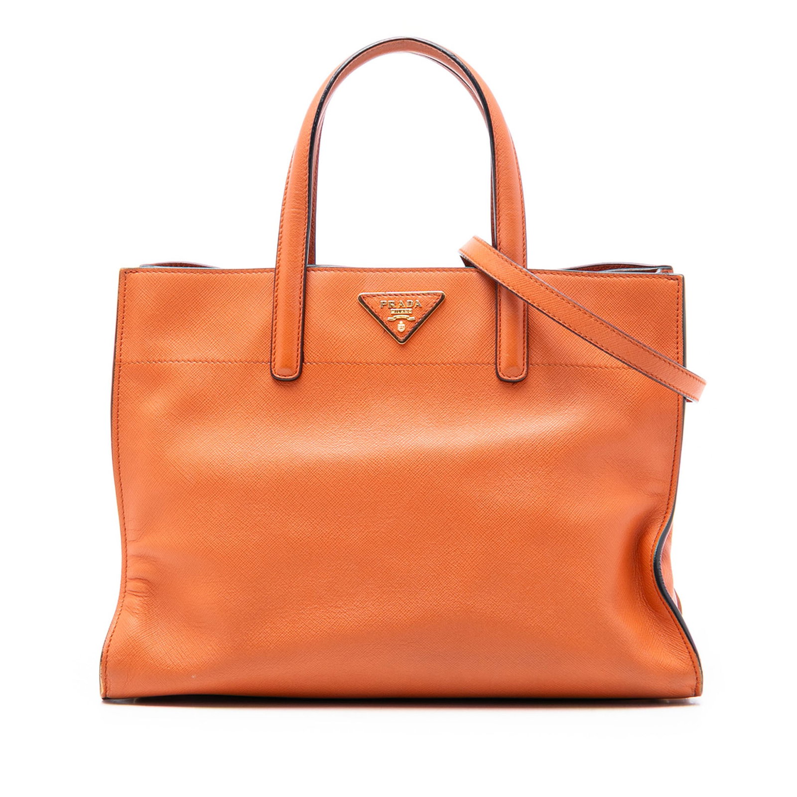 Prada Saffiano Soft Orange Leather Tote with Triple Pocket Design: Prada Saffiano Soft Orange Leather Tote with Triple Pocket Design This Prada Saffiano Soft Triple Pocket Tote is crafted from saffiano leather in orange and features flat leather handles, a detachable