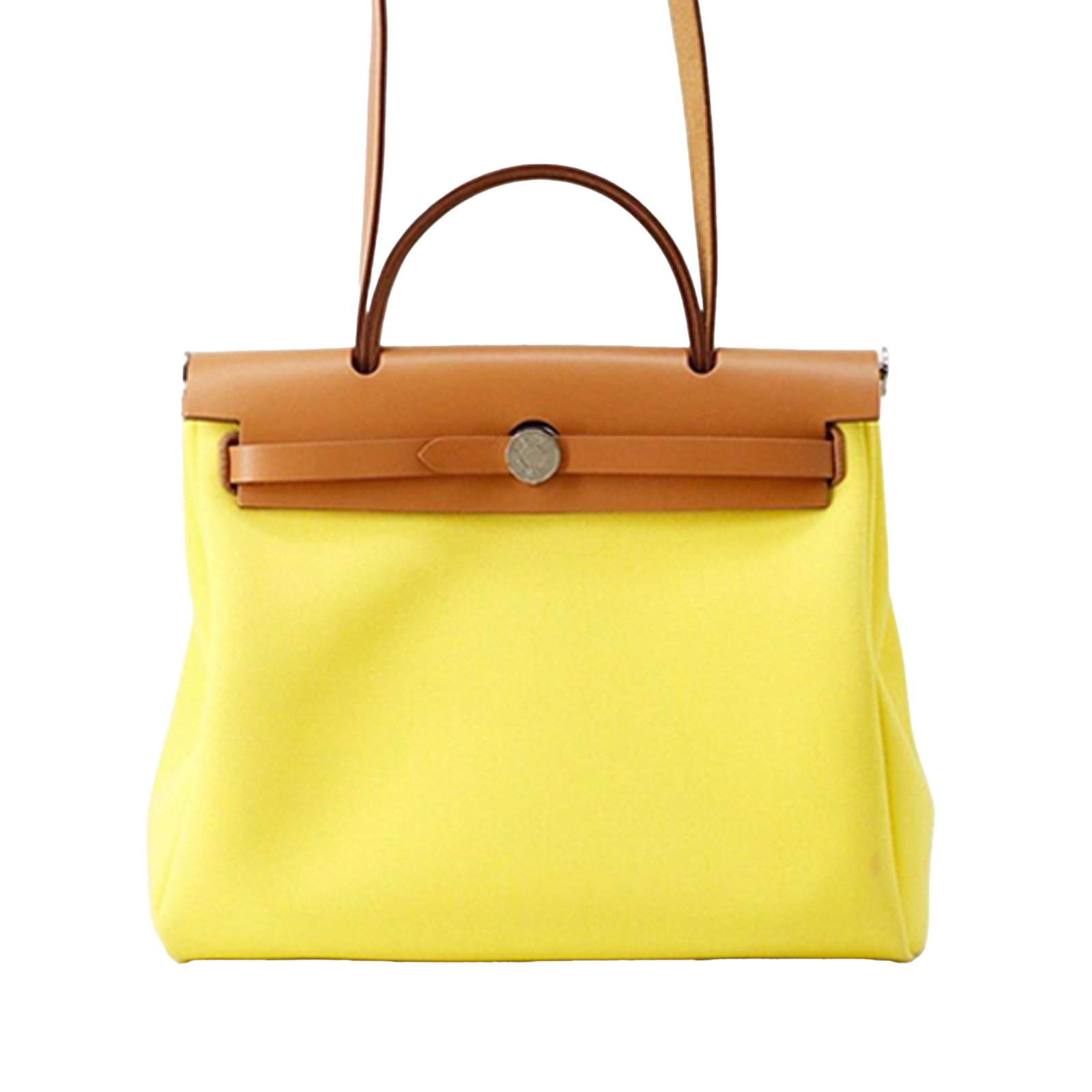 Herbag Zip 31 Yellow Canvas Shoulder Bag with Leather Trim by Hermes: Herbag Zip 31 Yellow Canvas Shoulder Bag with Leather Trim by Hermes The Hermes Toile Herbag Zip 31 is crafted with a durable canvas body and features a flat leather top handle and a flat leather shou