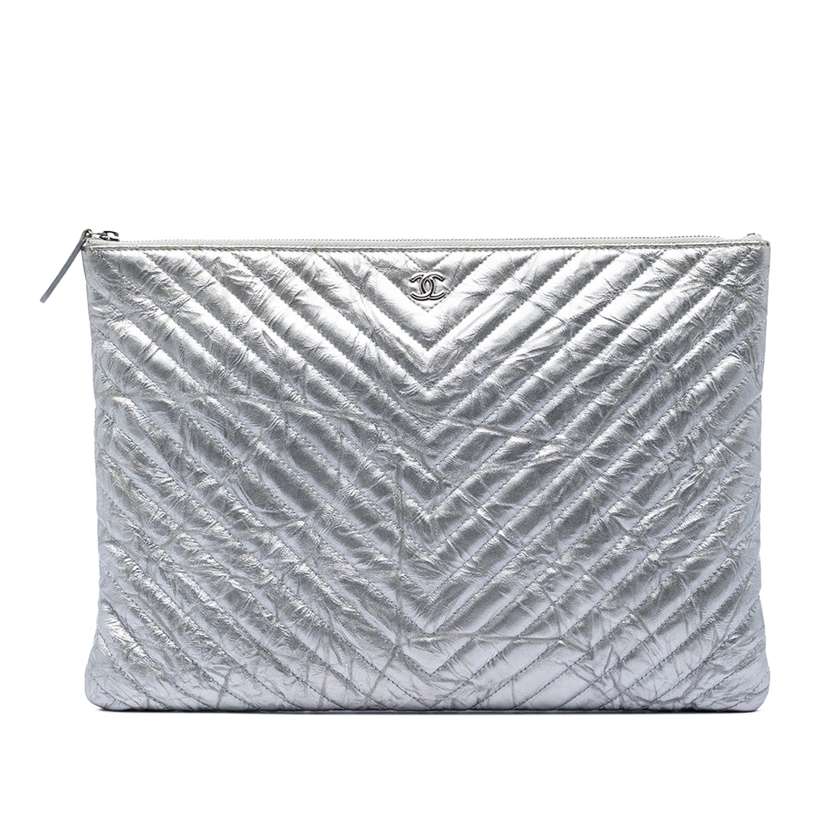 Silver Quilted Leather O Case Clutch by Chanel Chevron Design (1 of 7)