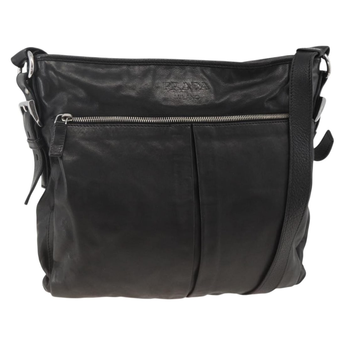 Prada Black Leather Shoulder Purse with Silver Accents for Women: Prada Black Leather Shoulder Purse with Silver Accents for Women This Prada shoulder bag features a black and silver leather exterior with silver-tone hardware. Designed for women, it offers a spaciou