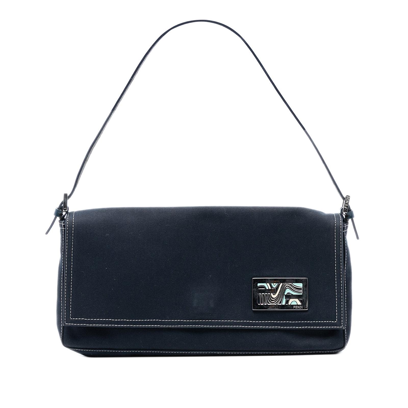 Fendi FF Marble Canvas Baguette Shoulder Purse with Leather Strap: Fendi FF Marble Canvas Baguette Shoulder Purse with Leather Strap This Fendi Canvas FF Marble Baguette Shoulder Bag features a blue canvas body with a marble effect, a flat leather strap, a front flap