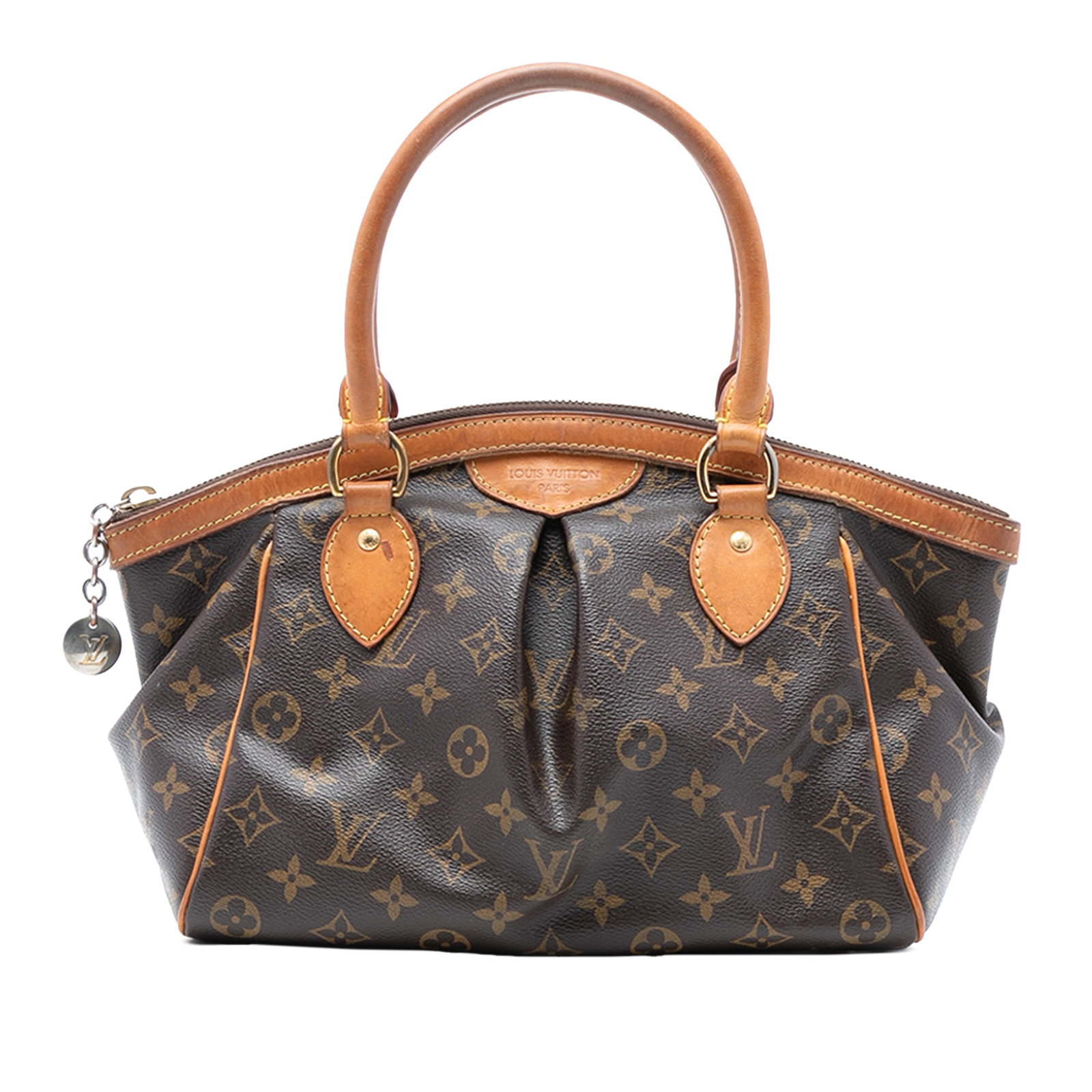 Louis Vuitton Tivoli PM Monogram Canvas Handbag with Leather Trim: Louis Vuitton Tivoli PM Monogram Canvas Handbag with Leather Trim The Louis Vuitton Monogram Tivoli PM features a classic monogram canvas body with vachetta leather trim and rolled vachetta leather to
