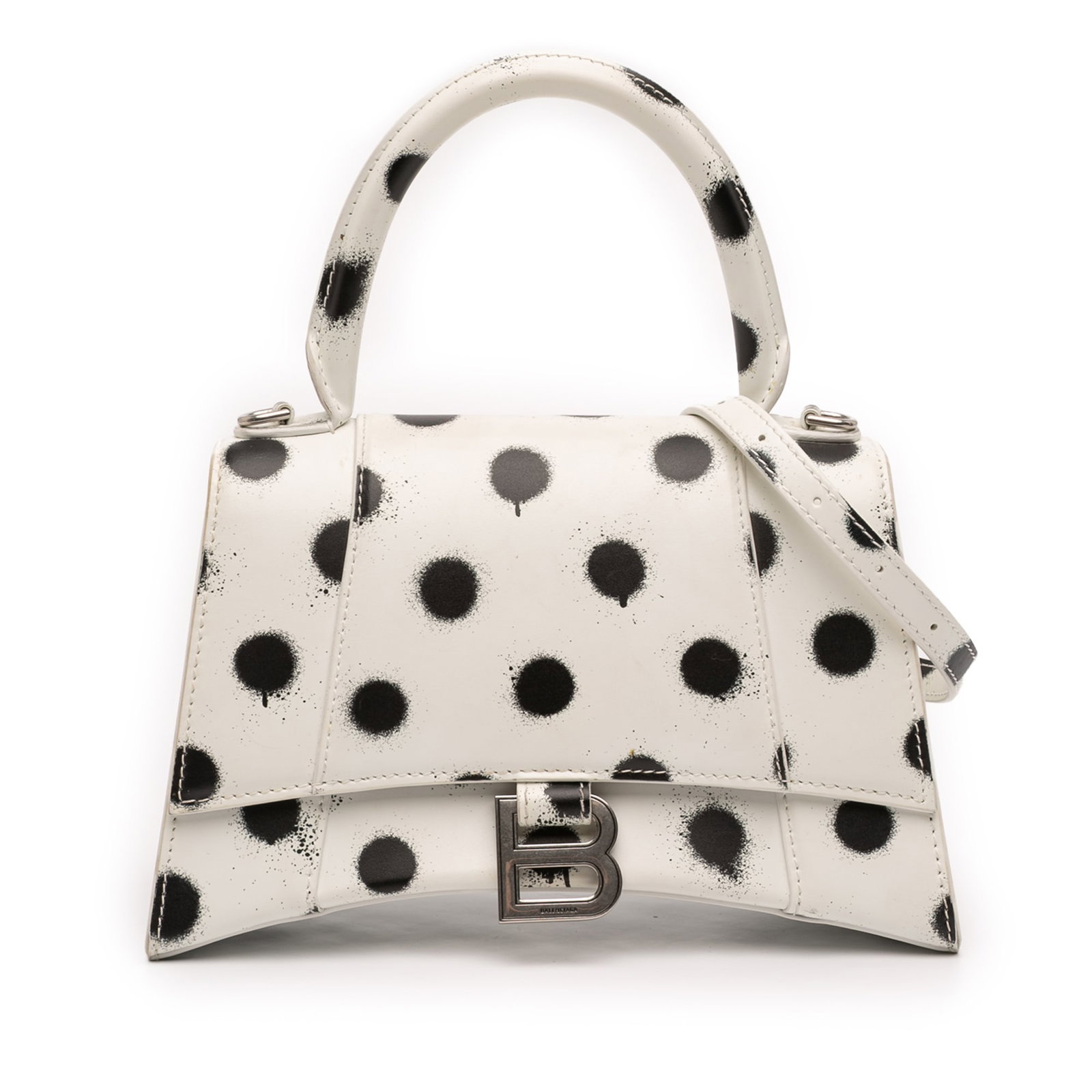 Balenciaga Hourglass Small Leather Satchel with Polka Dot Print: Balenciaga Hourglass Small Leather Satchel with Polka Dot Print This Balenciaga Small Smooth Calfskin Sprayed Polka Dot Hourglass Satchel features a printed leather body with a distinctive polka dot p
