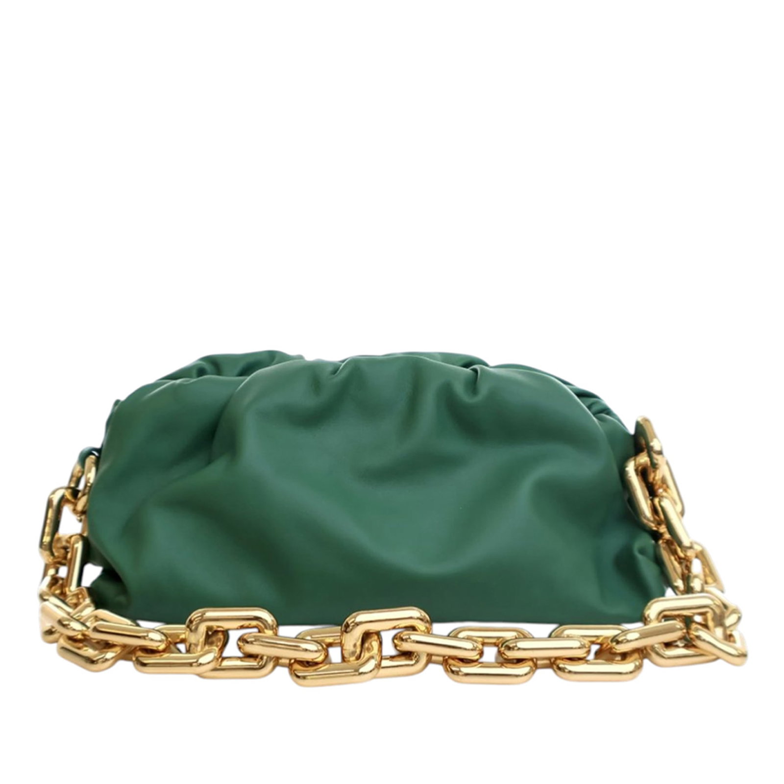 Green Bottega Veneta Leather Chain Pouch Bag with Gold-Tone Strap: Green Bottega Veneta Leather Chain Pouch Bag with Gold-Tone Strap This Bottega Veneta Chain Pouch showcases a luxurious green leather body with a gold-tone chain link strap and a top magnetic frame cl