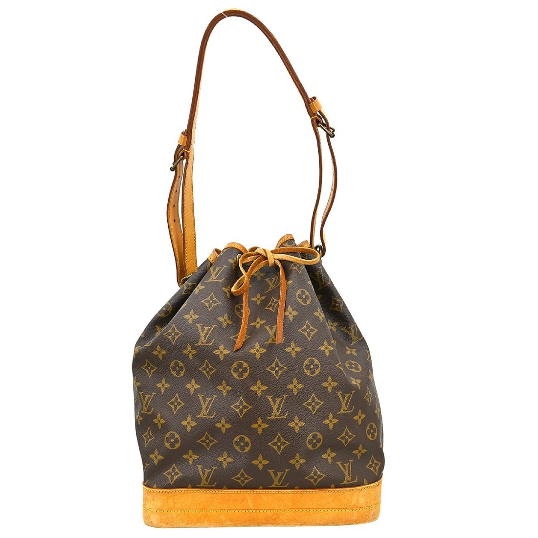 Louis Vuitton Noe Monogram Canvas Medium Vintage Shoulder Bag M42224: Louis Vuitton Noe Monogram Canvas Medium Vintage Shoulder Bag M42224 This Louis Vuitton Noe drawstring shoulder bag features the iconic monogram canvas leather exterior with beige shoulder straps and 