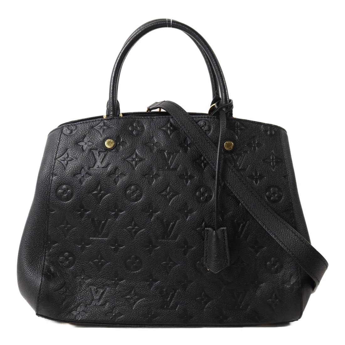 Louis Vuitton Montaigne MM Black Empreinte Calfskin Shoulder Bag: Louis Vuitton Montaigne MM Black Empreinte Calfskin Shoulder Bag This Louis Vuitton Montaigne MM 2-way shoulder bag features the signature Monogram Empreinte design in black calfskin. The bag offers v
