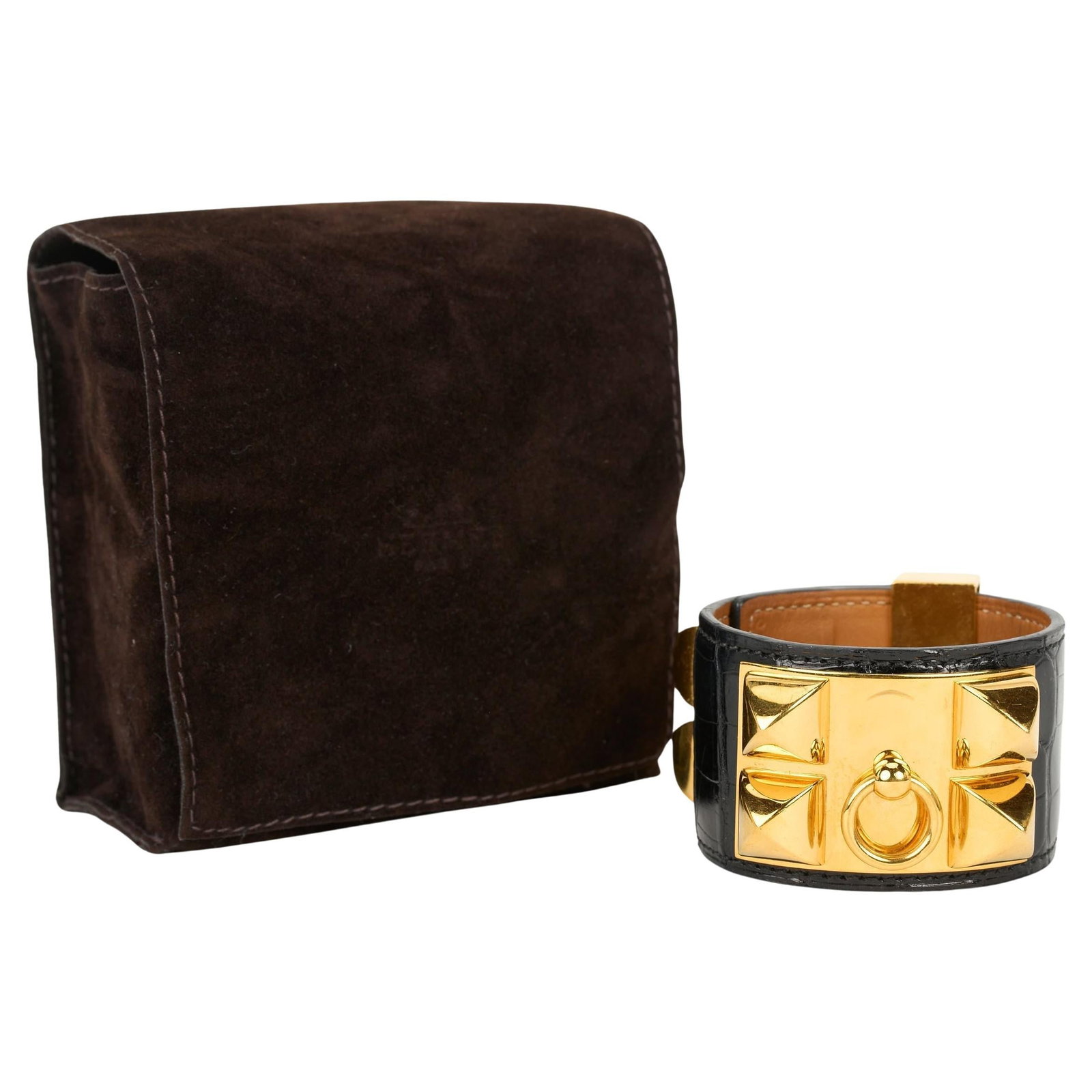 Hermes Black Croc CDC Bracelet 2012 Gold Tone Hardware: Hermes Black Croc CDC Bracelet 2012 Gold Tone Hardware This exquisite Hermes Collier De Chien Bracelet features luxurious black Mississippiensis alligator leather, complemented by gold tone hardware. 