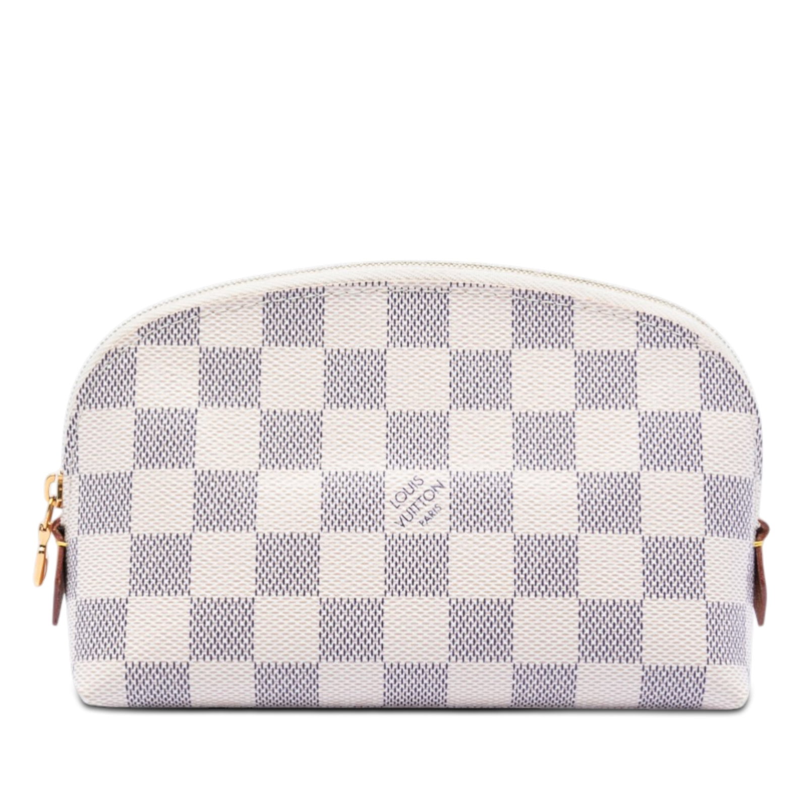 Damier Azur Canvas Cosmetic Bag by Louis Vuitton: Damier Azur Canvas Cosmetic Bag by Louis Vuitton This Louis Vuitton Damier Azur cosmetic pouch features a signature Damier Azur canvas body with a top zip closure and an interior slip pocket. The pouc