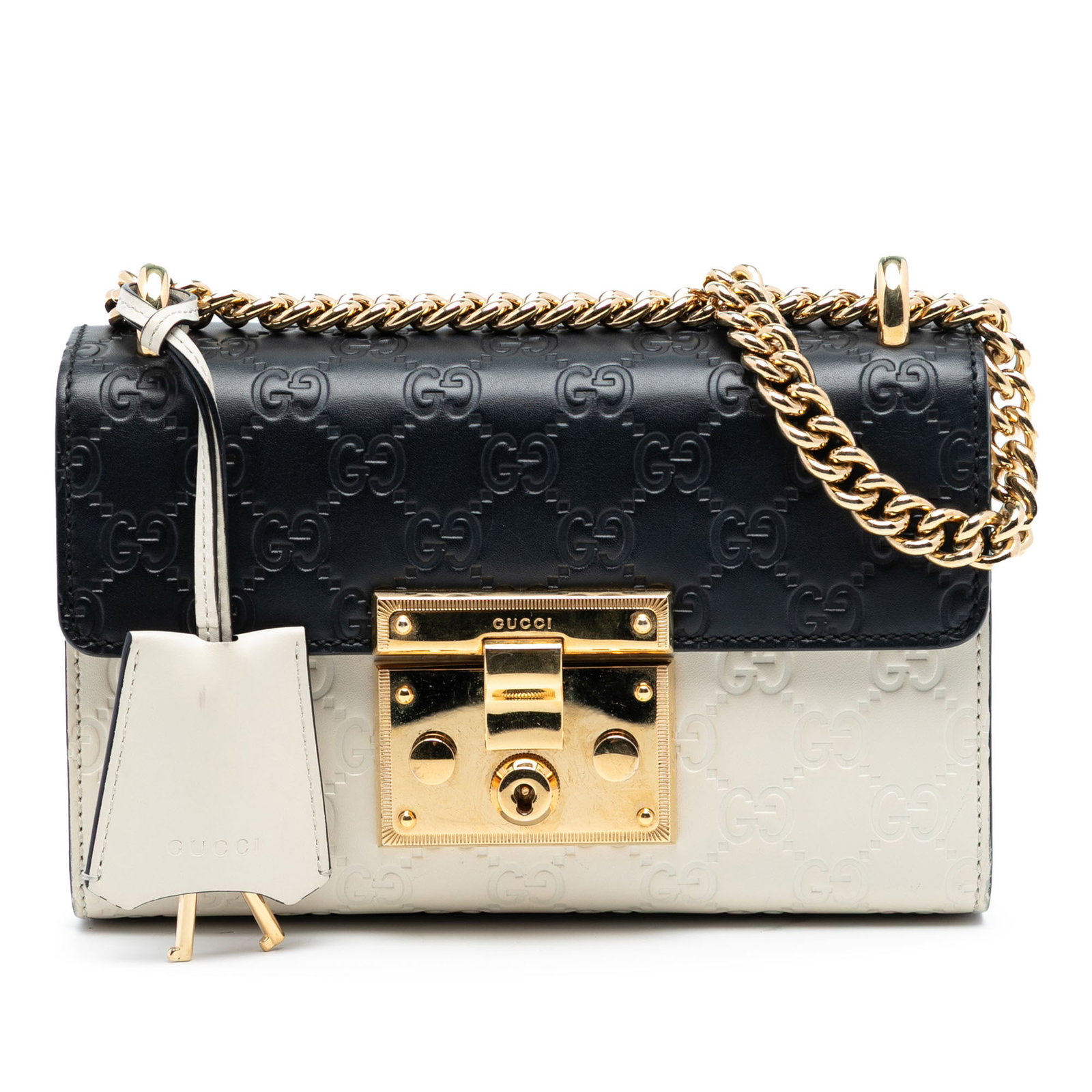 Gucci Small Guccissima Leather Padlock Crossbody Bag with Gold Chain: Gucci Small Guccissima Leather Padlock Crossbody Bag with Gold Chain This Small Guccissima Padlock shoulder bag is crafted from embossed leather in beige and features a front flap with a push lock clo